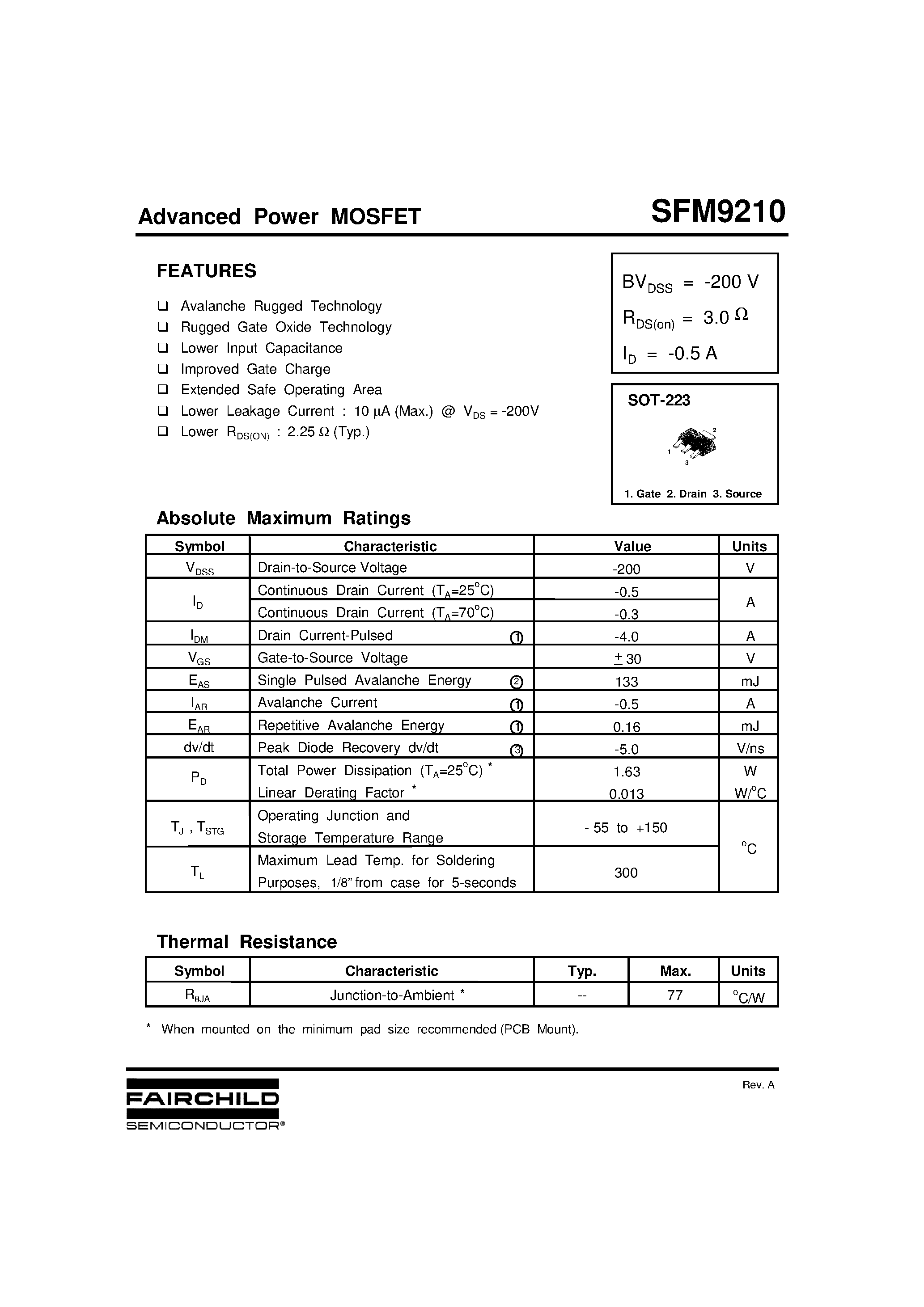 Datasheet SFM9210 - Advanced Power MOSFET page 1