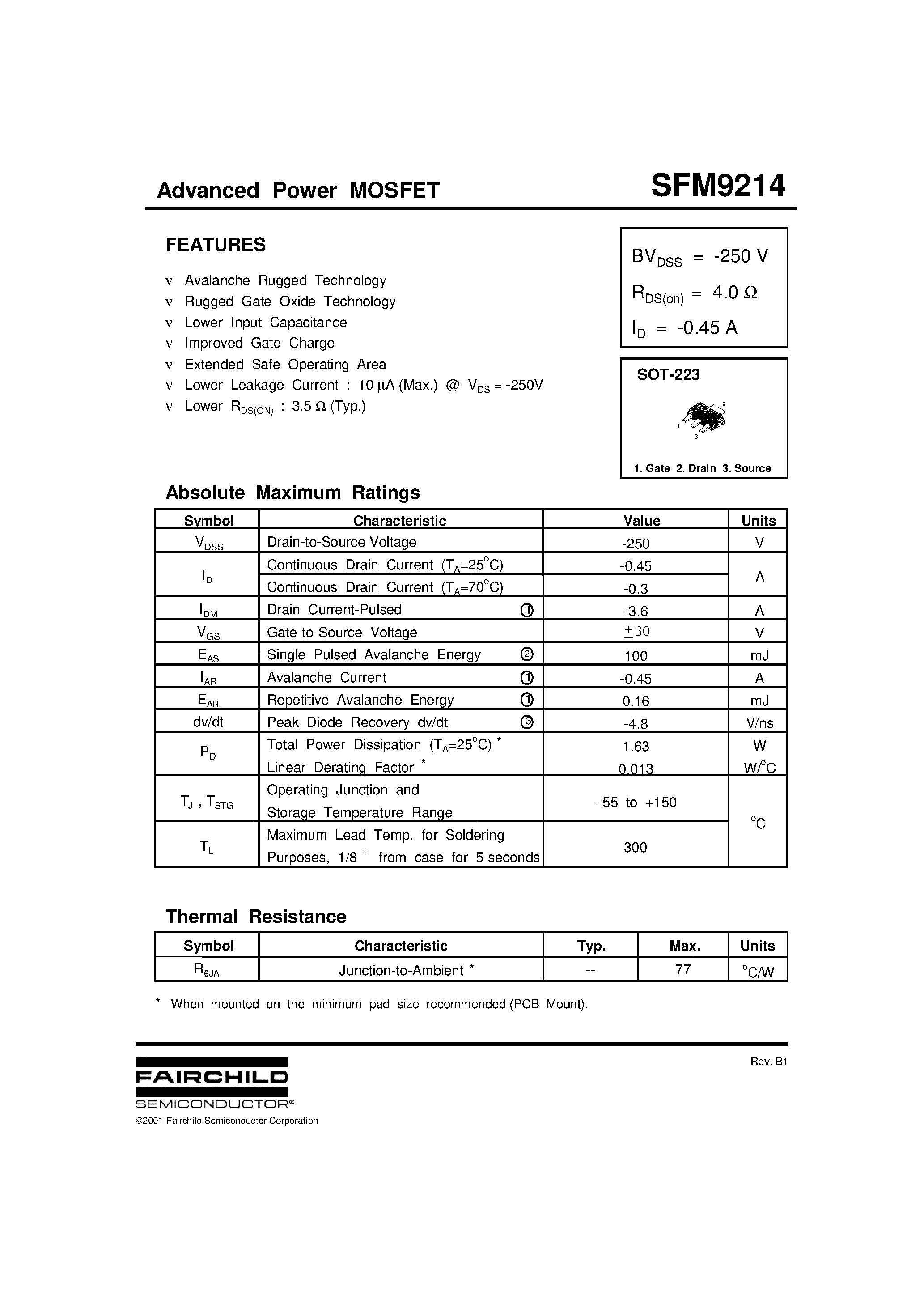 Datasheet SFM9214 - Advanced Power MOSFET page 1