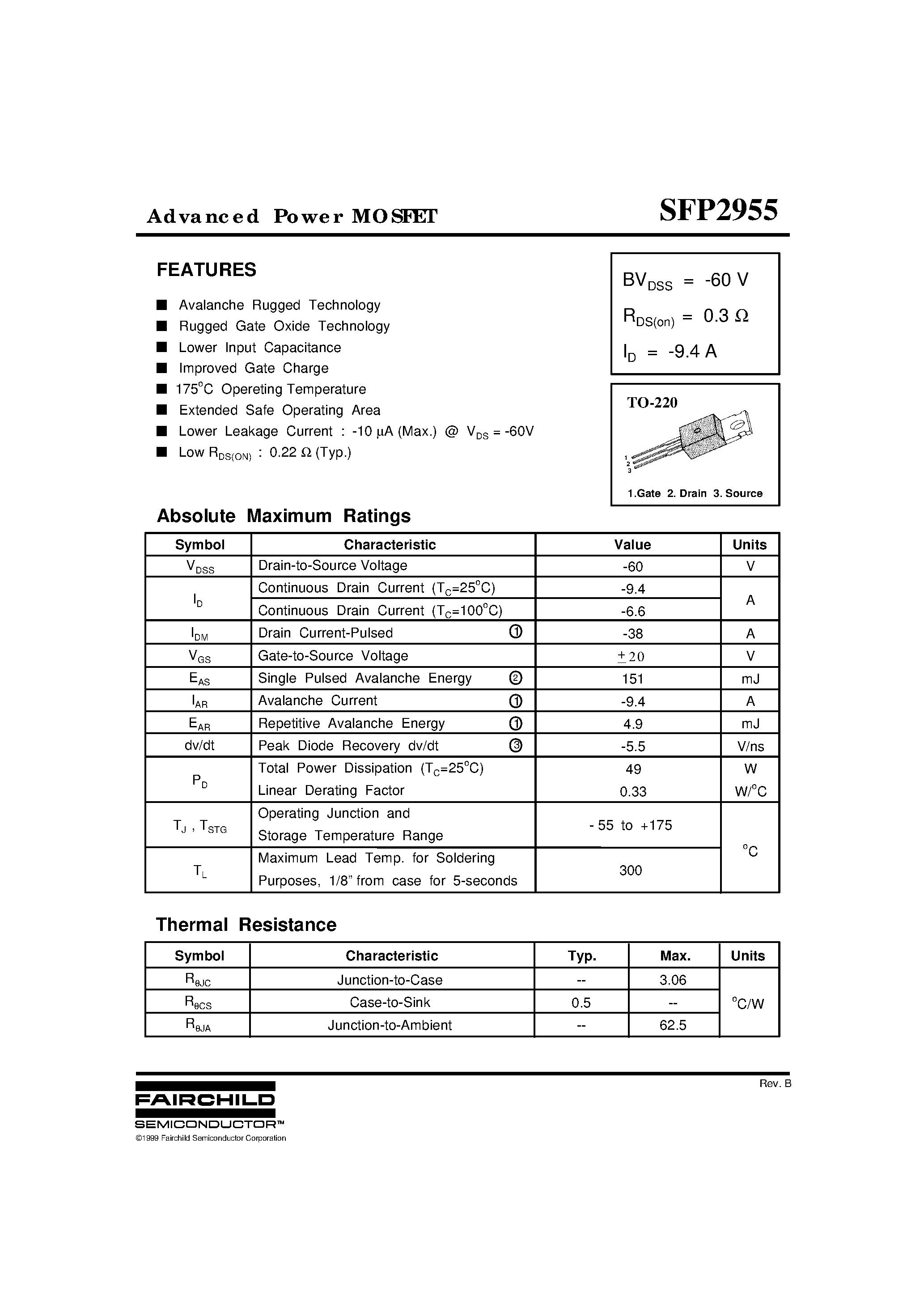 Datasheet SFP2955 - Advanced Power MOSFET page 1