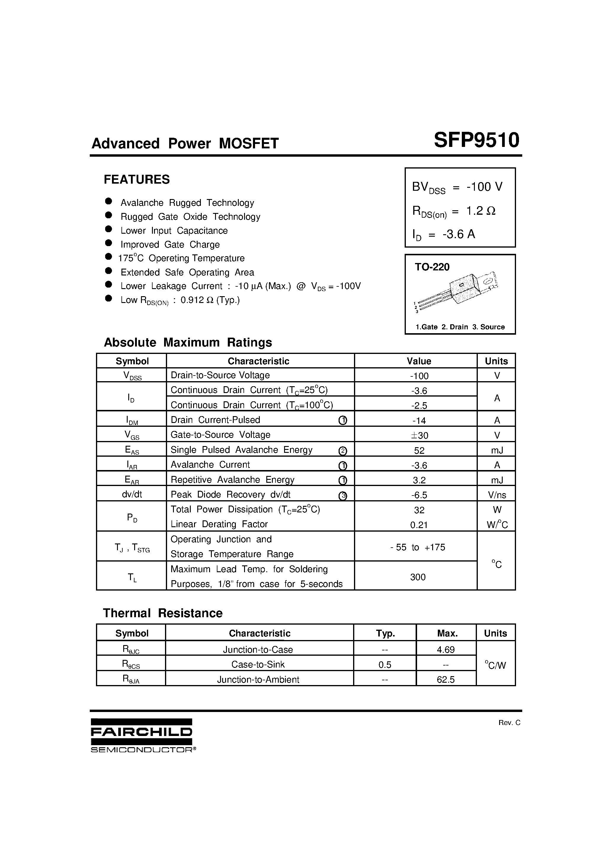 Datasheet SFP9510 - Advanced Power MOSFET page 1
