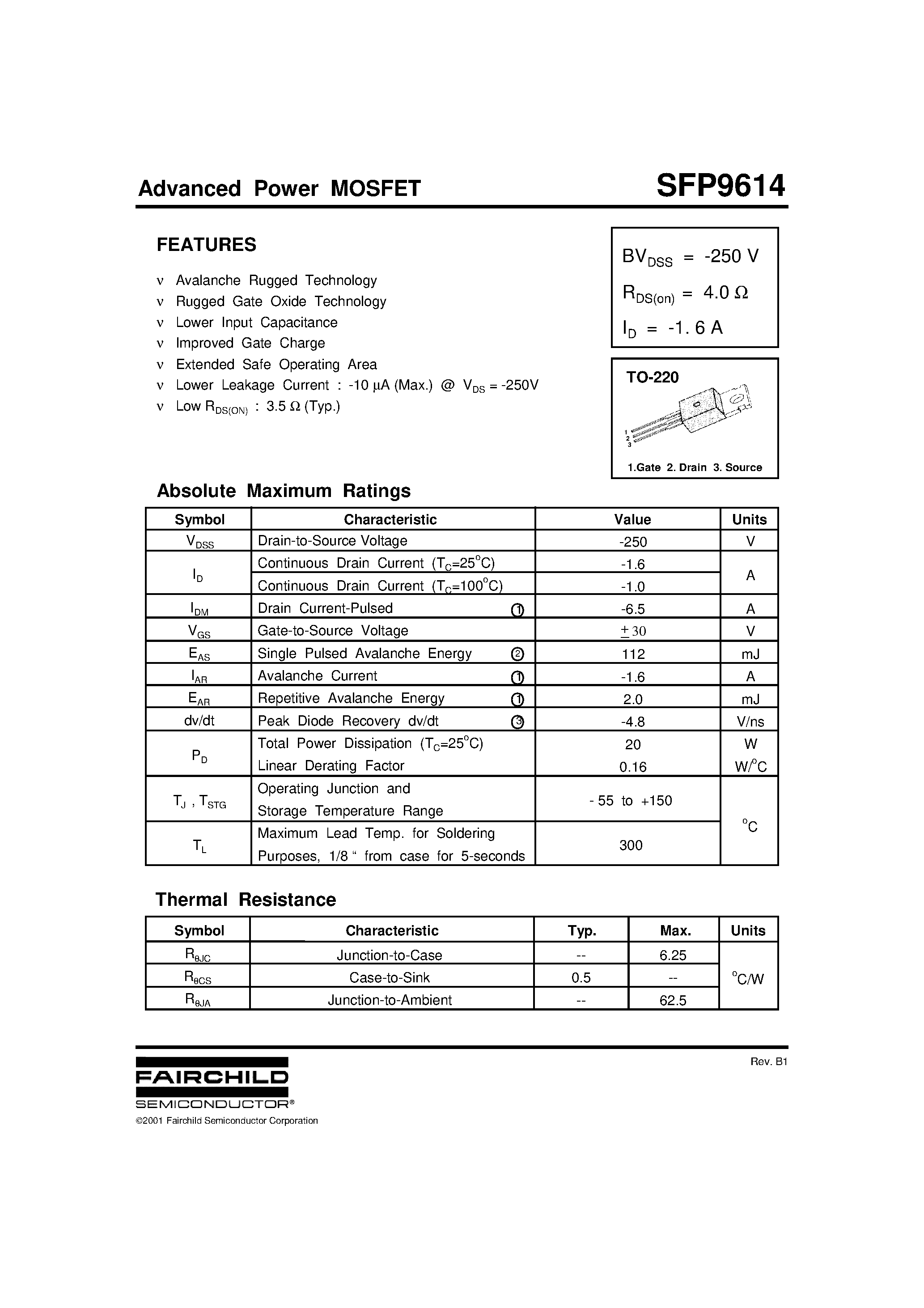Datasheet SFP9614 - Advanced Power MOSFET page 1