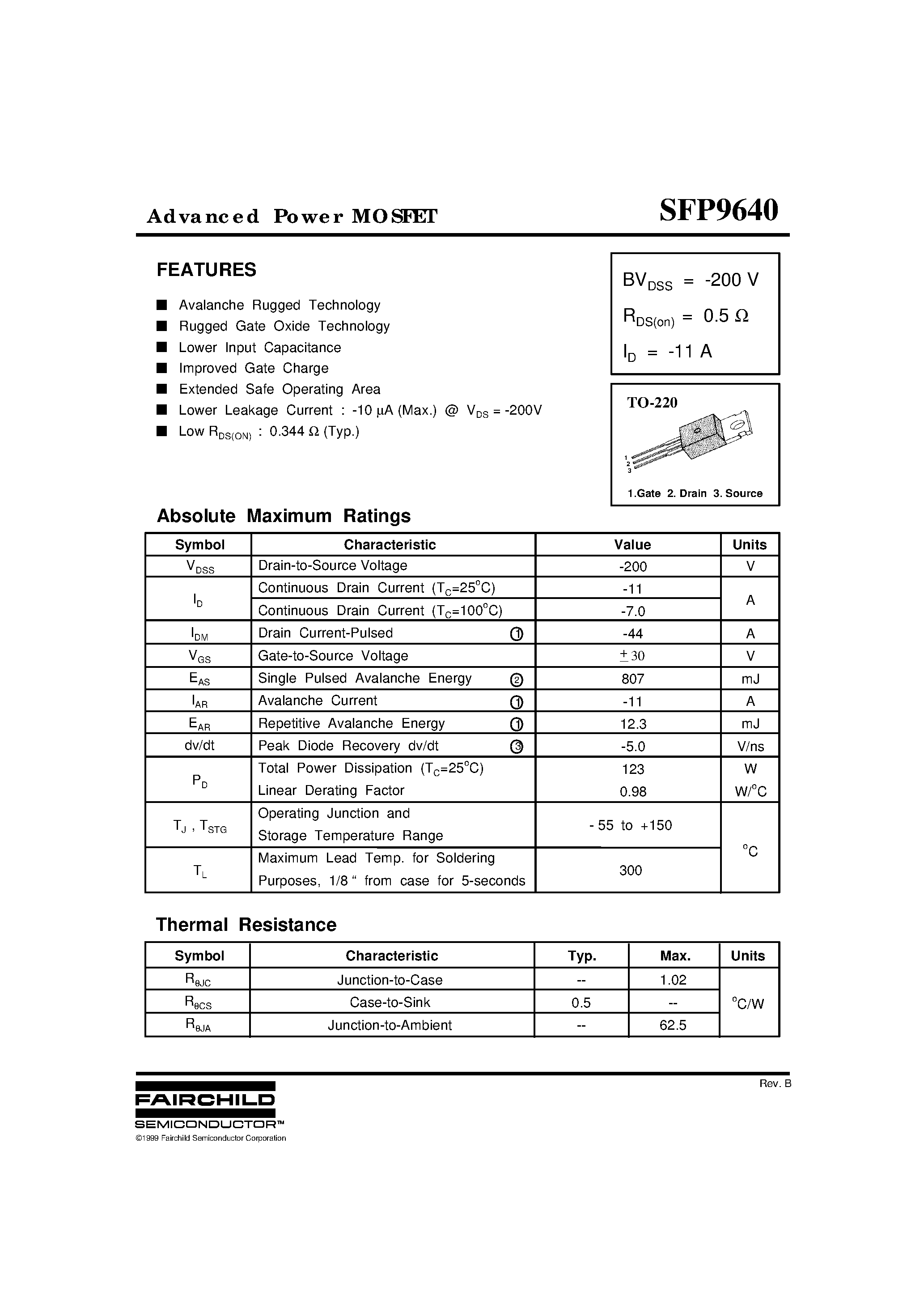 Datasheet SFP9640 - Advanced Power MOSFET page 1