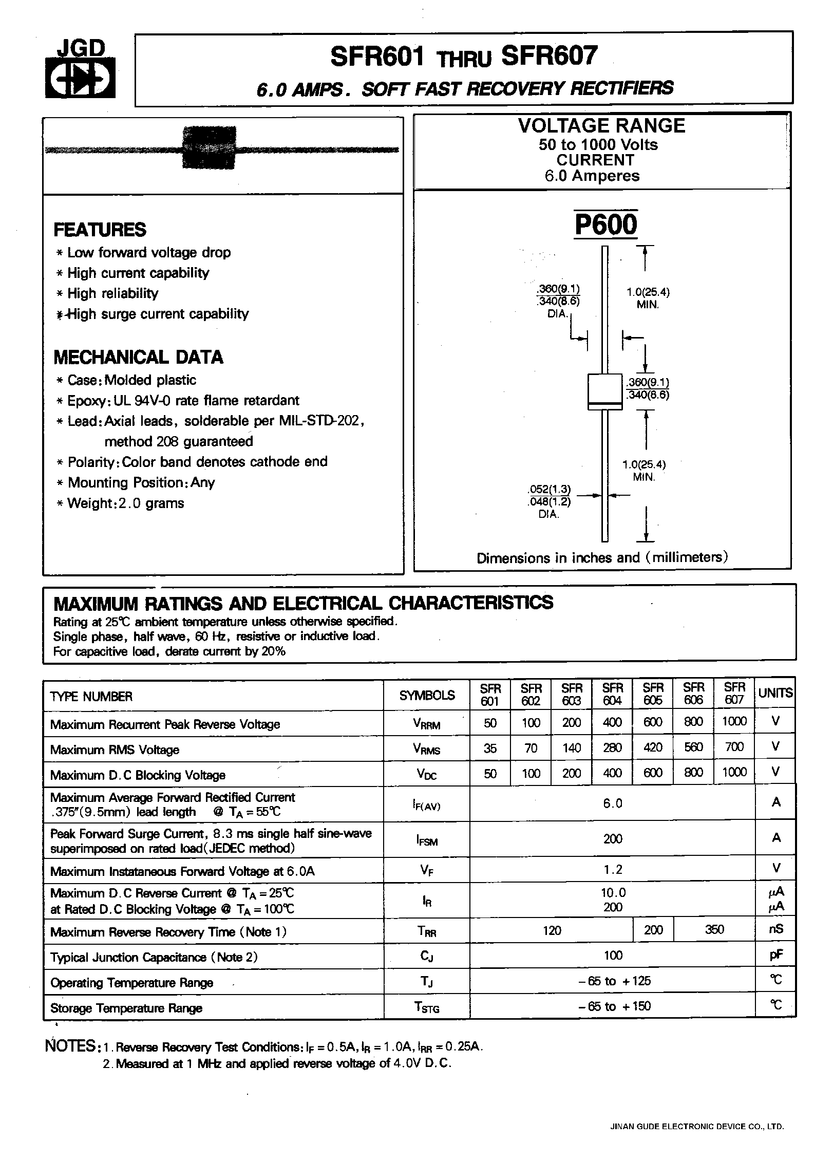 Datasheet SFR601 - 6.0 AMPS. SOFT FAST RECOVERY RECTIFIERS page 1