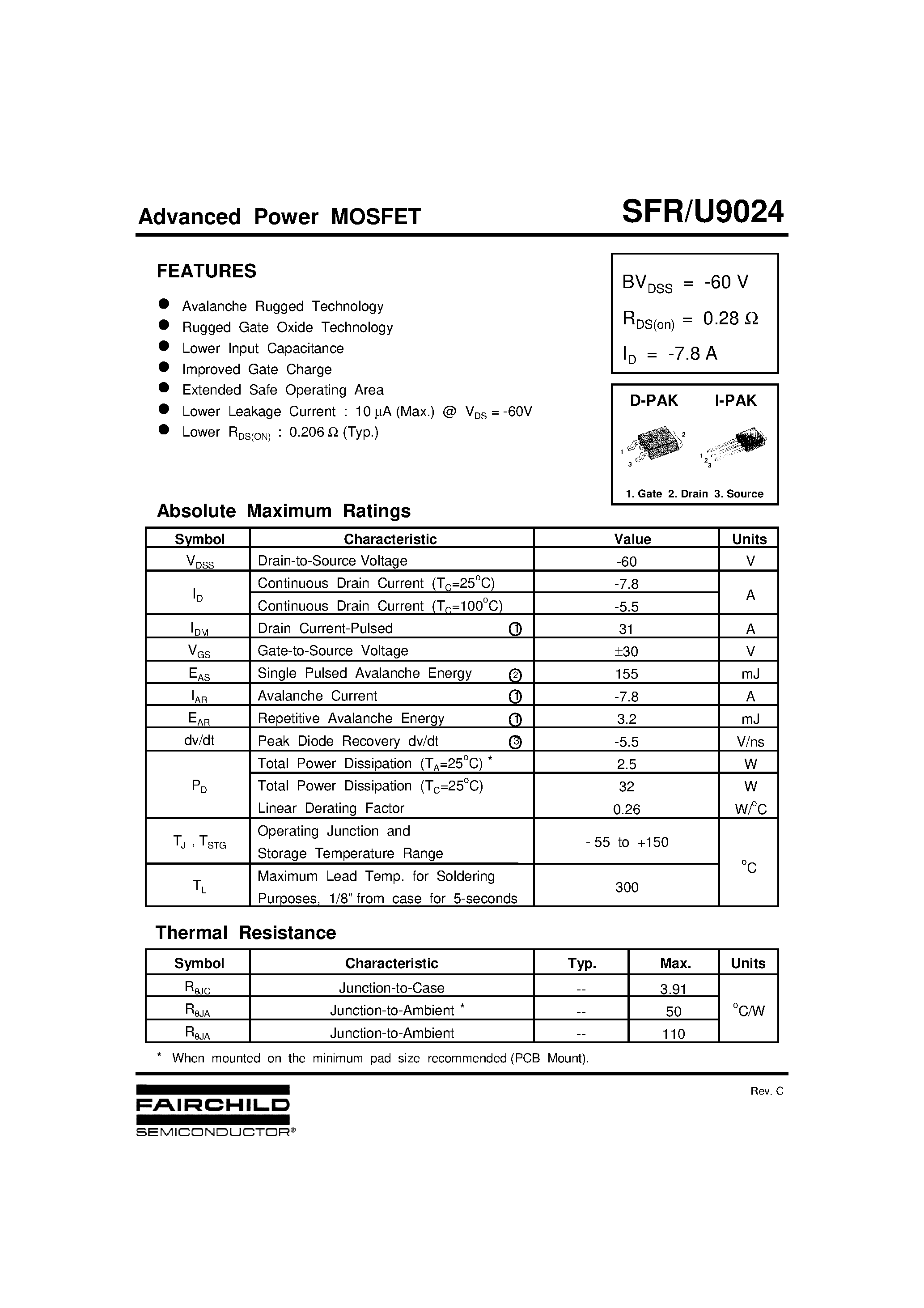 Datasheet SFR9024 - Advanced Power MOSFET page 1