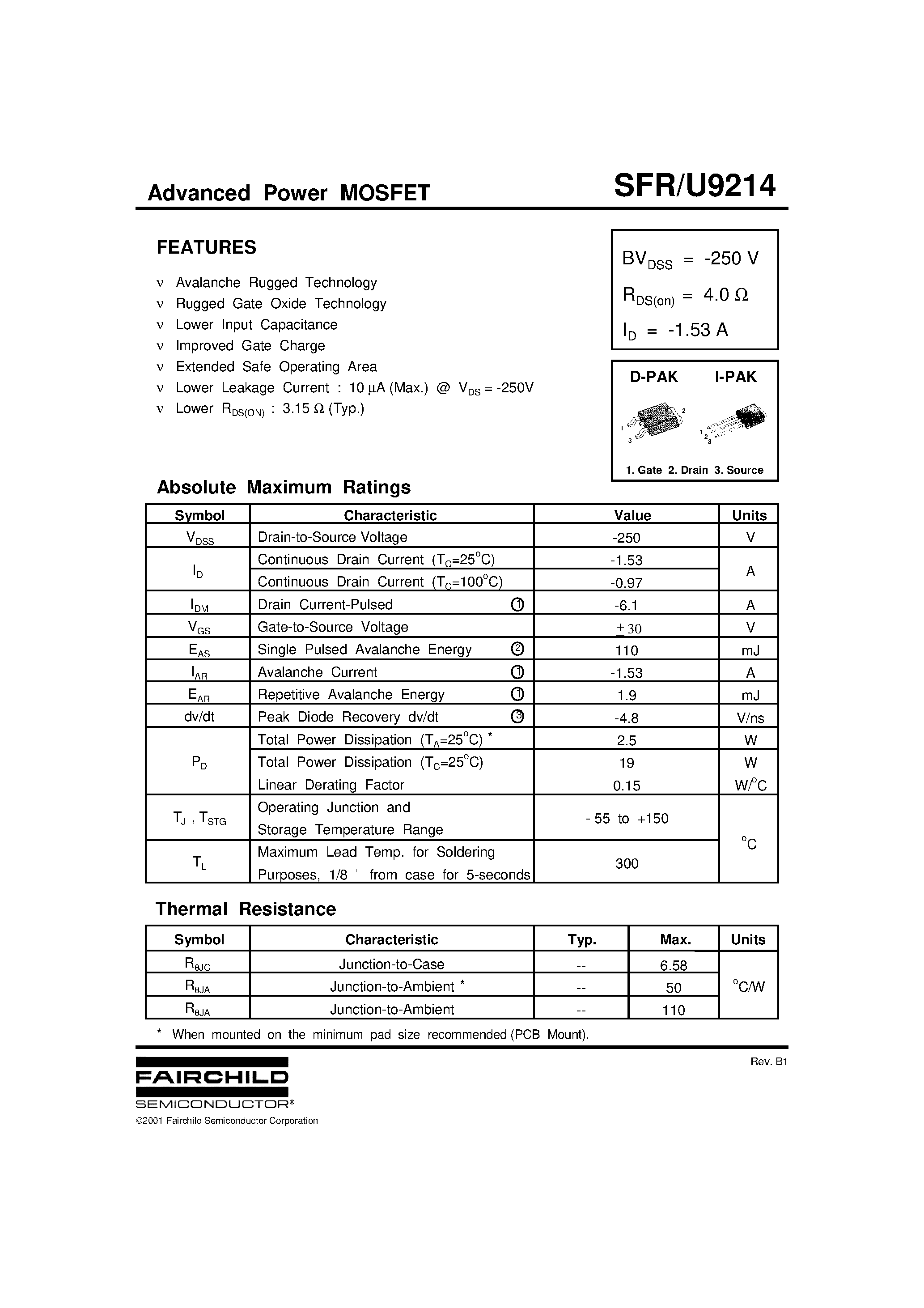 Даташит SFR9214 - Advanced Power MOSFET страница 1