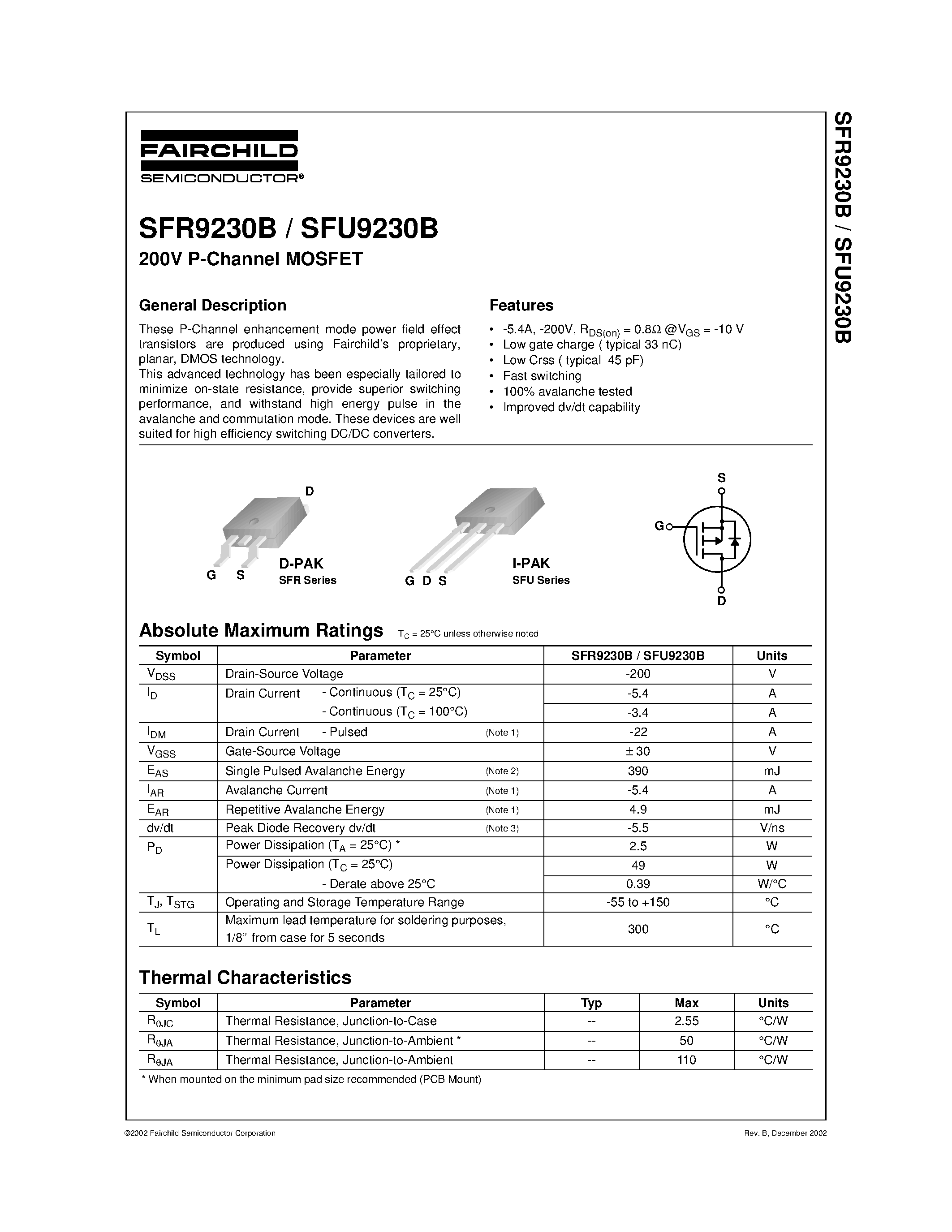 Datasheet SFR9230B - 200V P-Channel MOSFET page 1