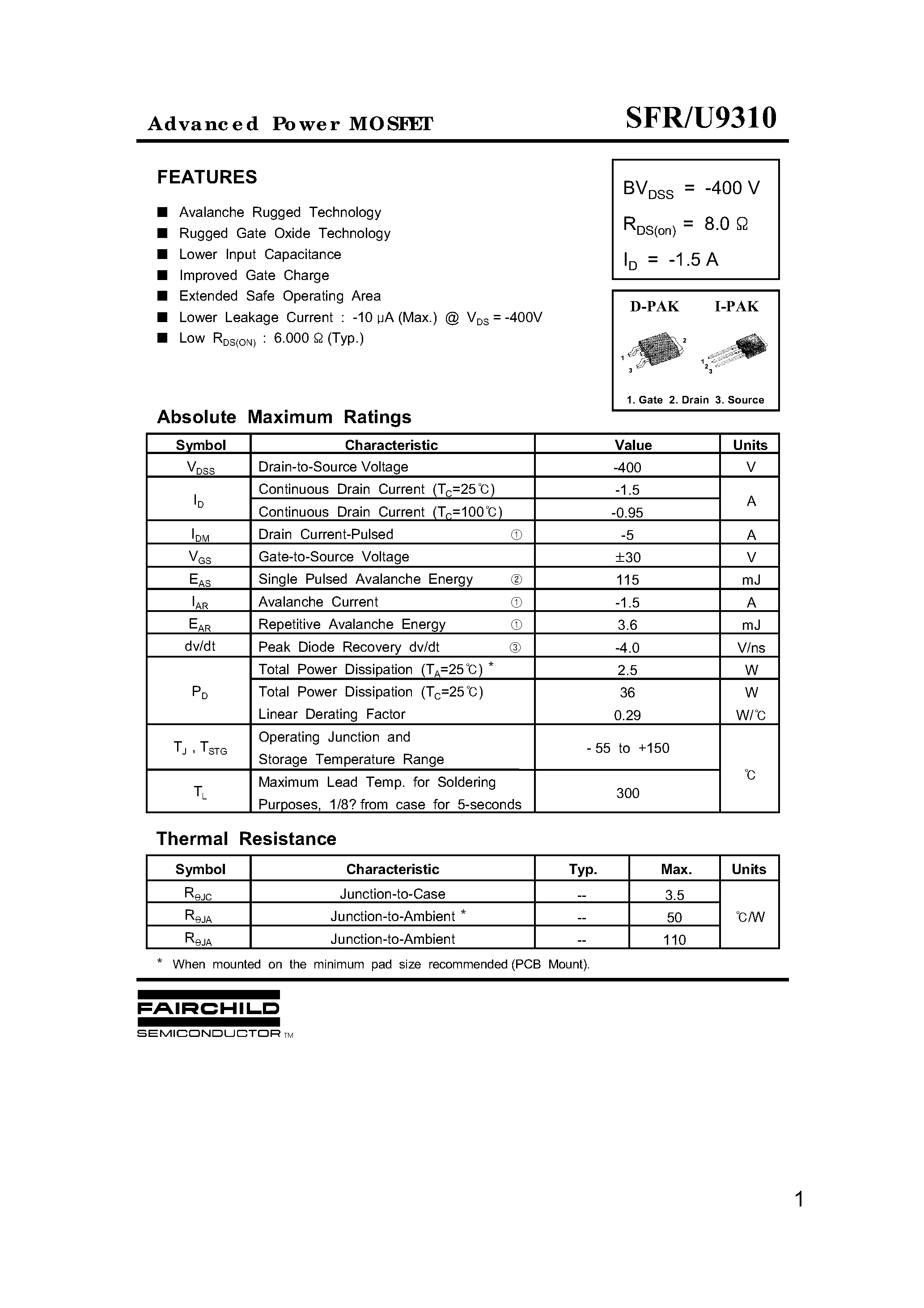 Datasheet SFR9310 - Advanced Power MOSFET page 1