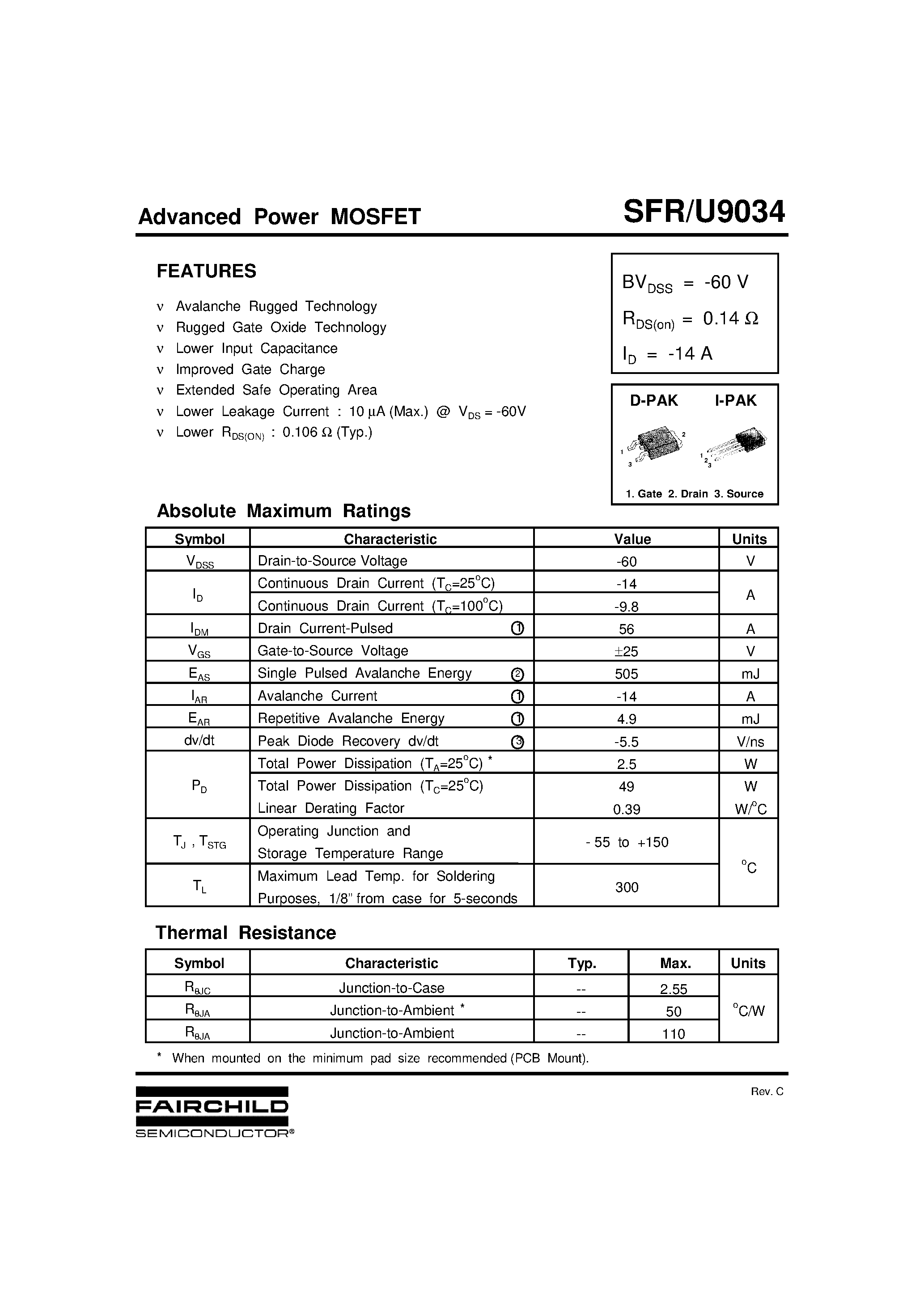Datasheet SFRU9034 - Advanced Power MOSFET page 1