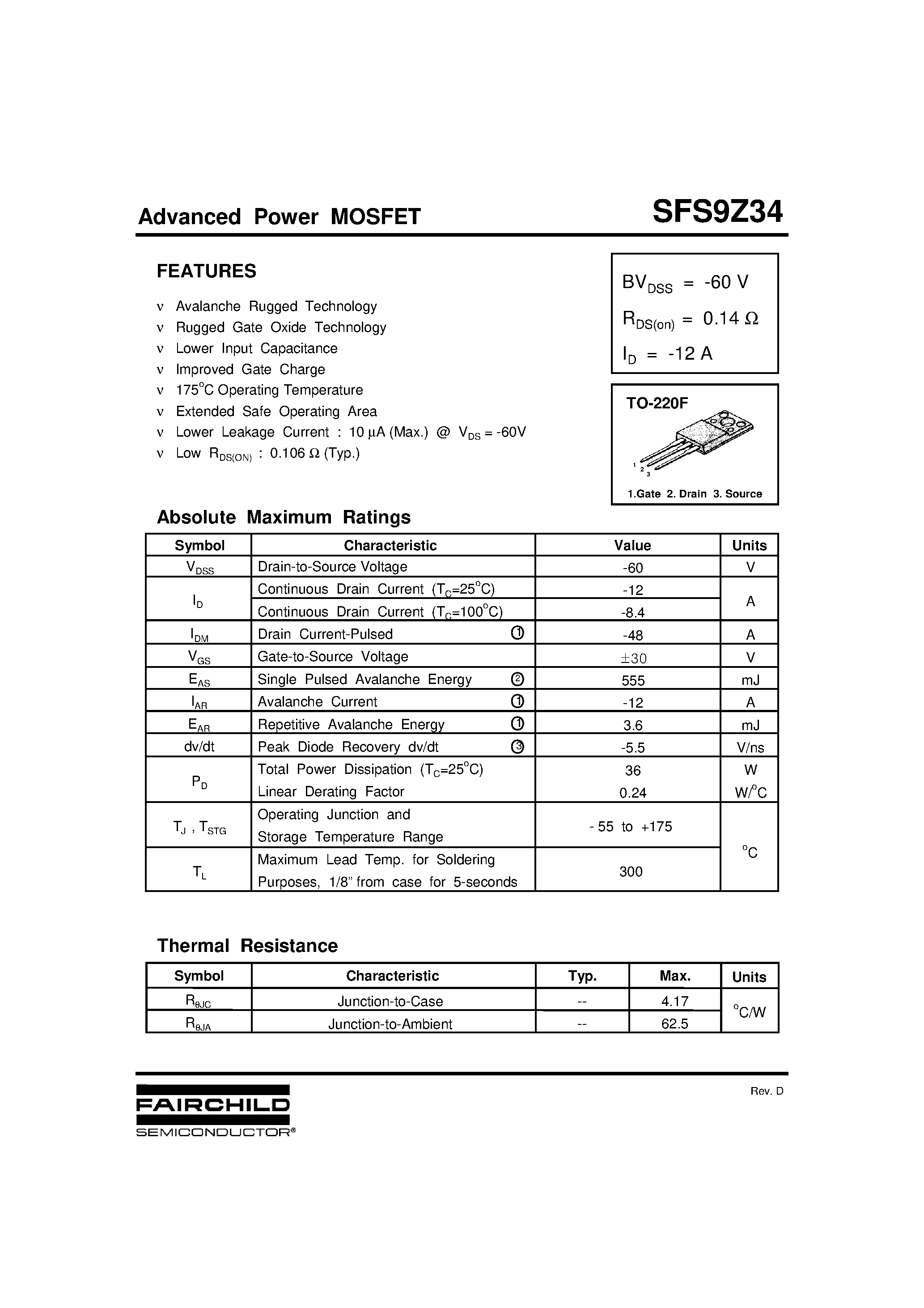 Даташит SFS9Z34 - Advanced Power MOSFET страница 1