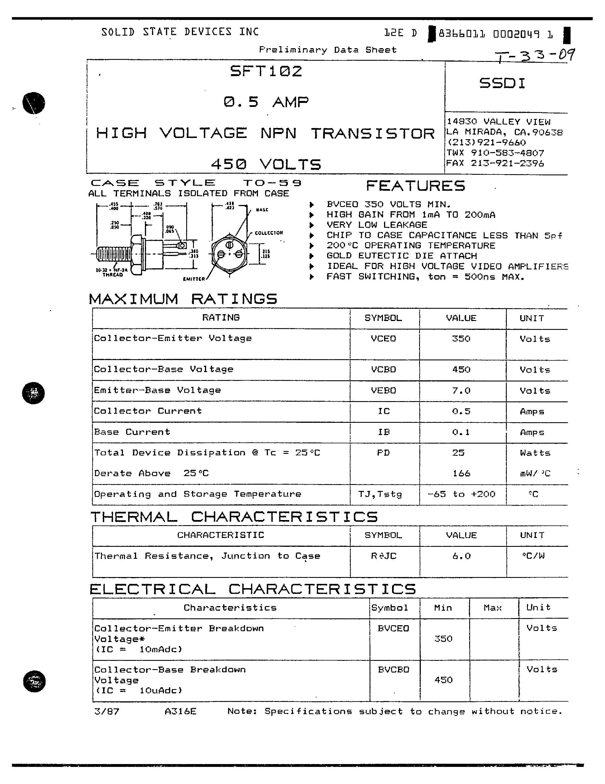 Datasheet SFT102 page 1 Datasheet SFT102 - 0.5AMP HIGH VOLTAGE NPN TRANSISTOR 450 VOLTS page 1