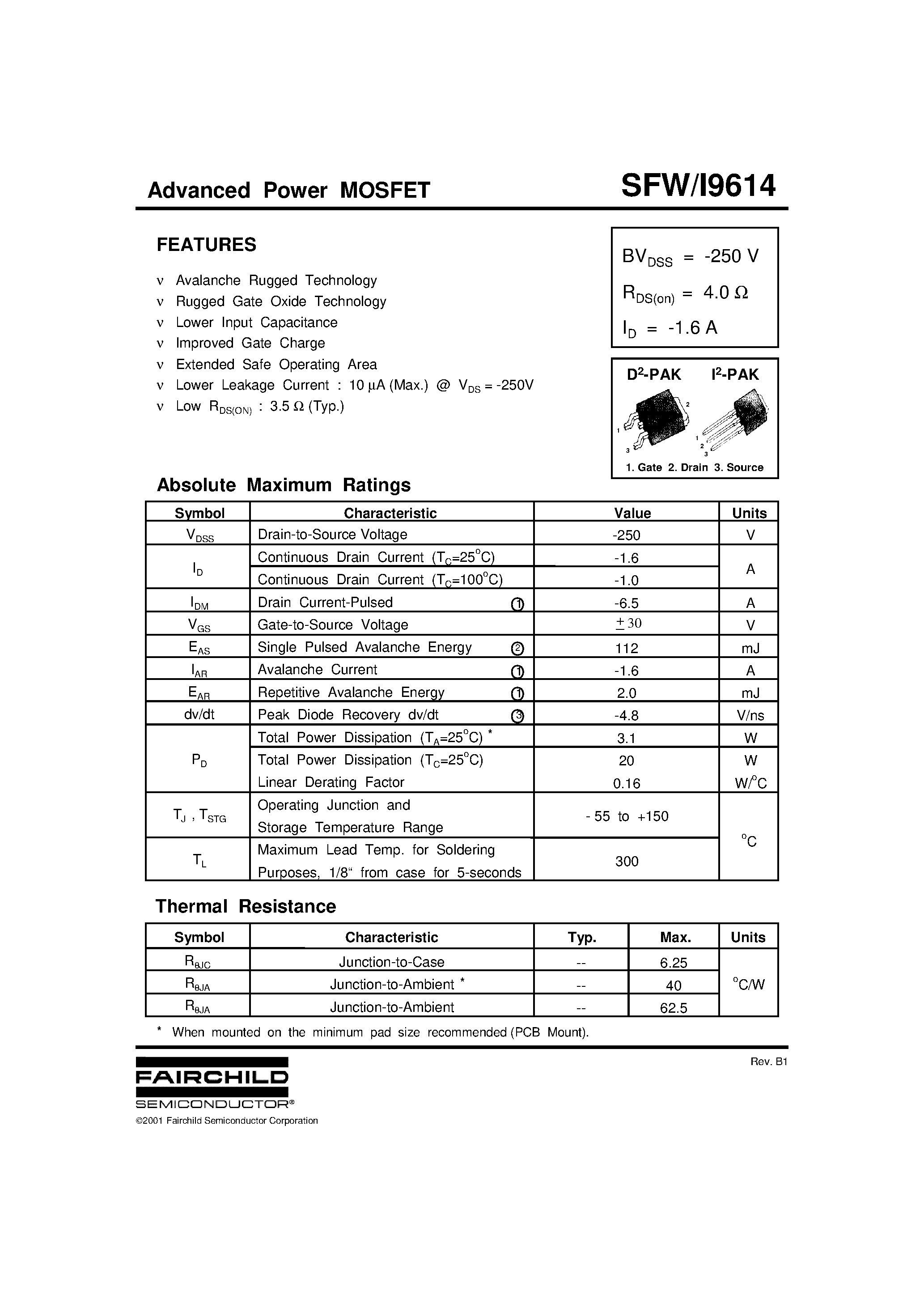 Даташит SFWI9614 - Advanced Power MOSFET страница 1