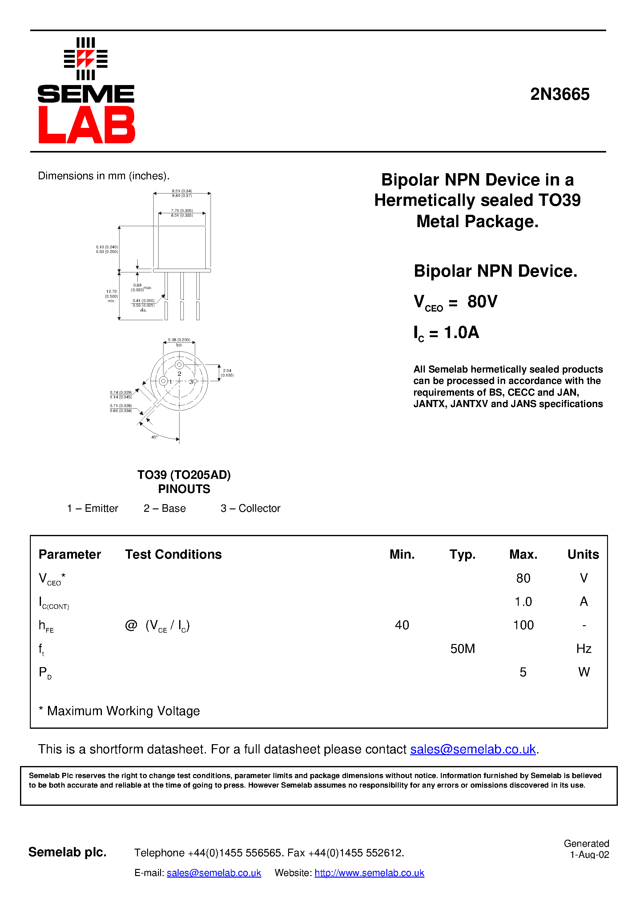 Datasheet SF_2N3665 - Bipolar NPN Device in a Hermetically sealed TO39 Metal Package page 1