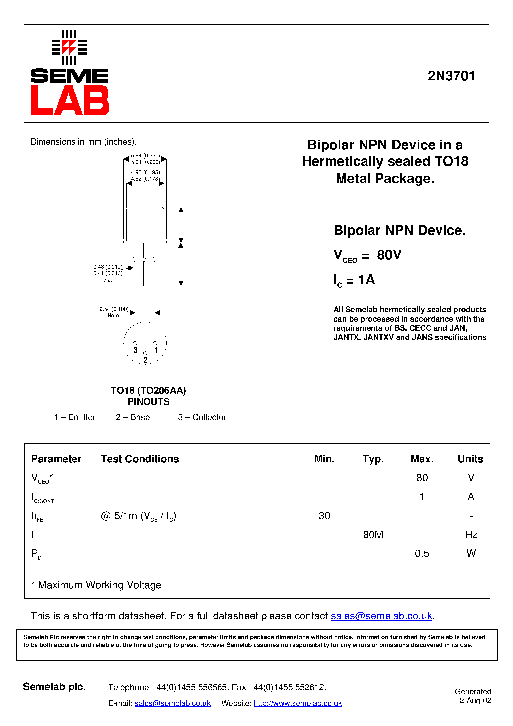 Datasheet SF_2N3701 - Bipolar NPN Device in a Hermetically sealed TO18 Metal Package. page 1