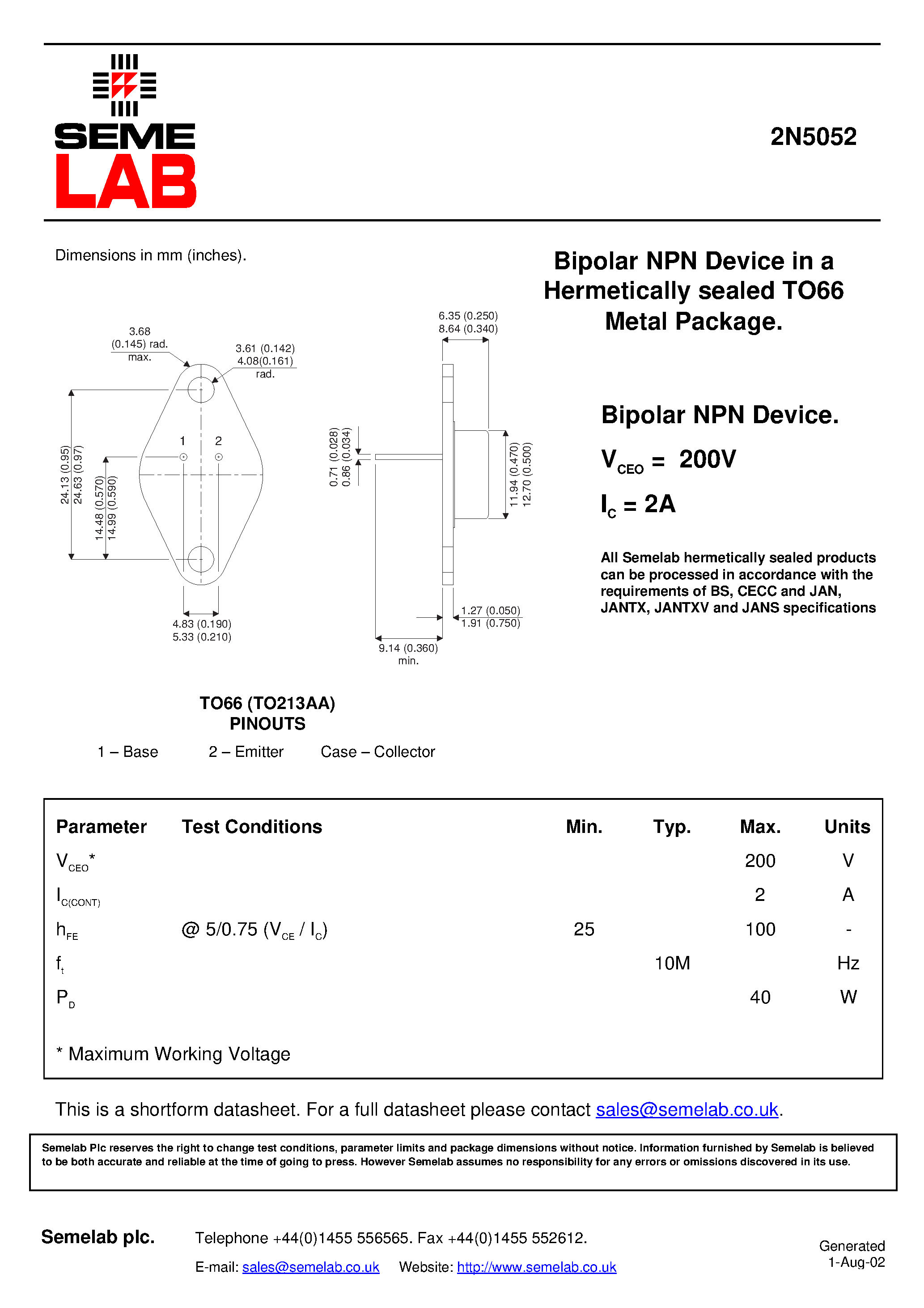 Datasheet SF_2N5052 - Bipolar NPN Device in a Hermetically sealed TO66 Metal Package page 1
