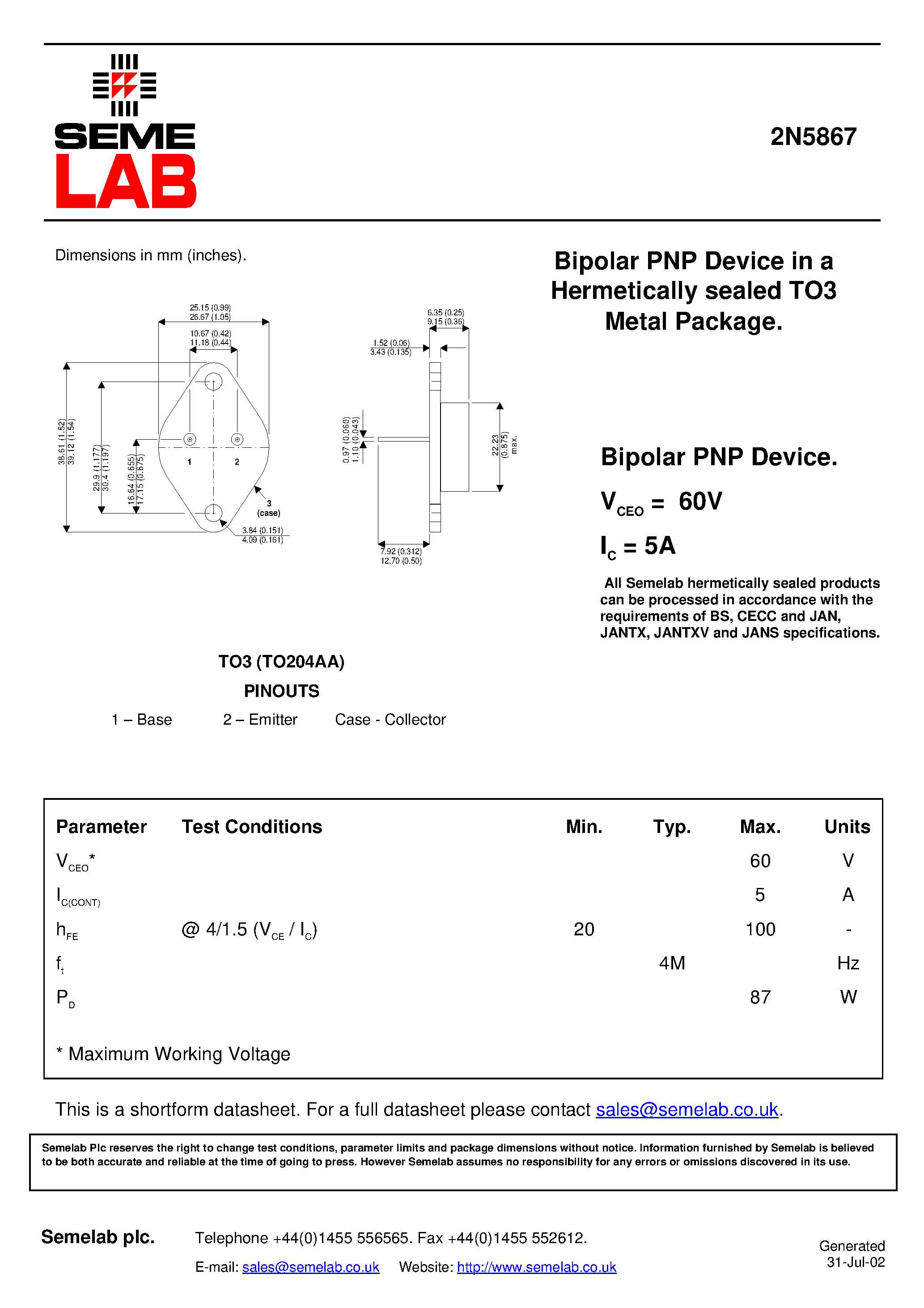 Datasheet SF_2N5867 - Bipolar PNP Device in a Hermetically sealed TO3 Metal Package page 1