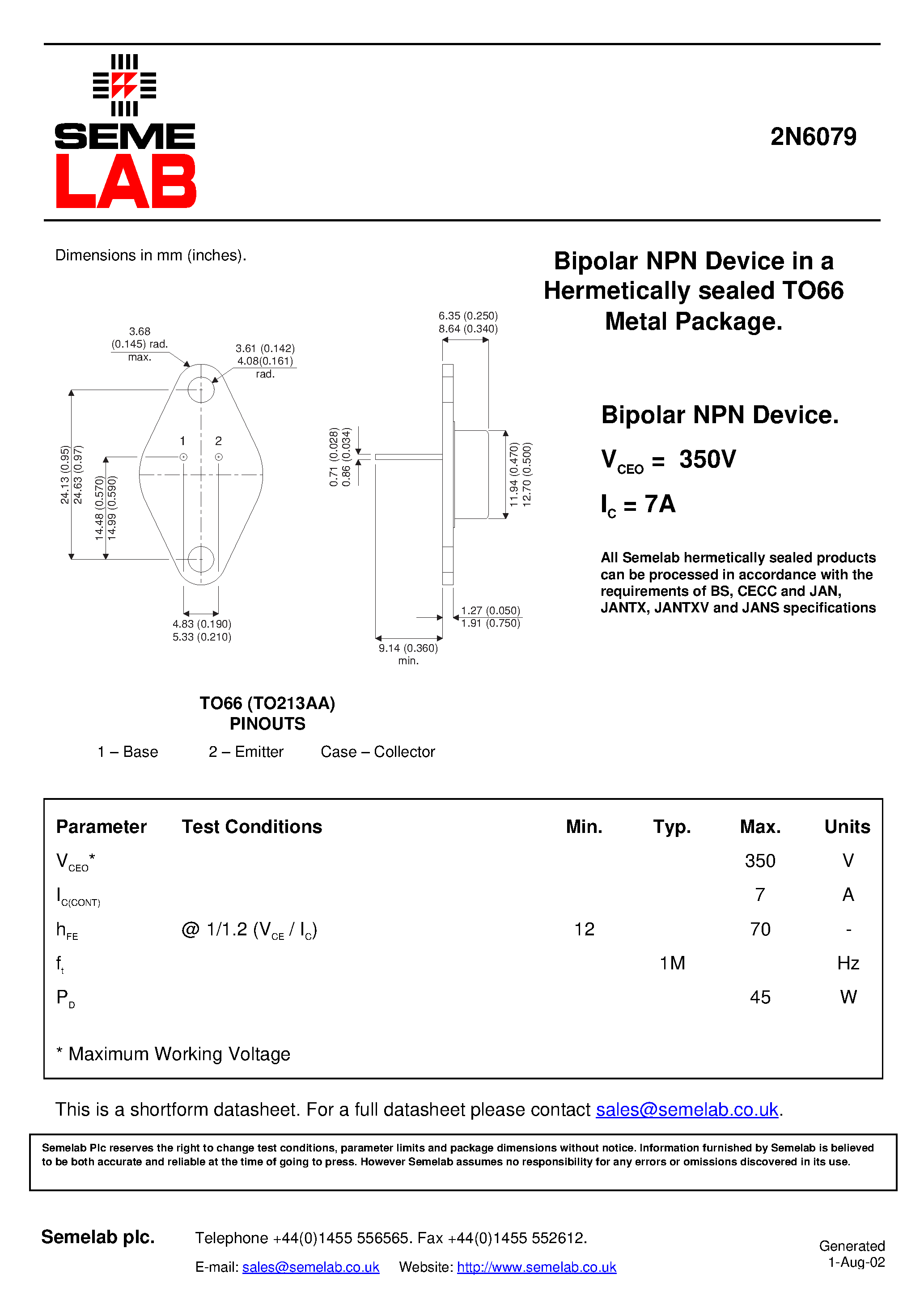 Datasheet SF_2N6079 - Bipolar NPN Device in a Hermetically sealed TO66 Metal Package page 1