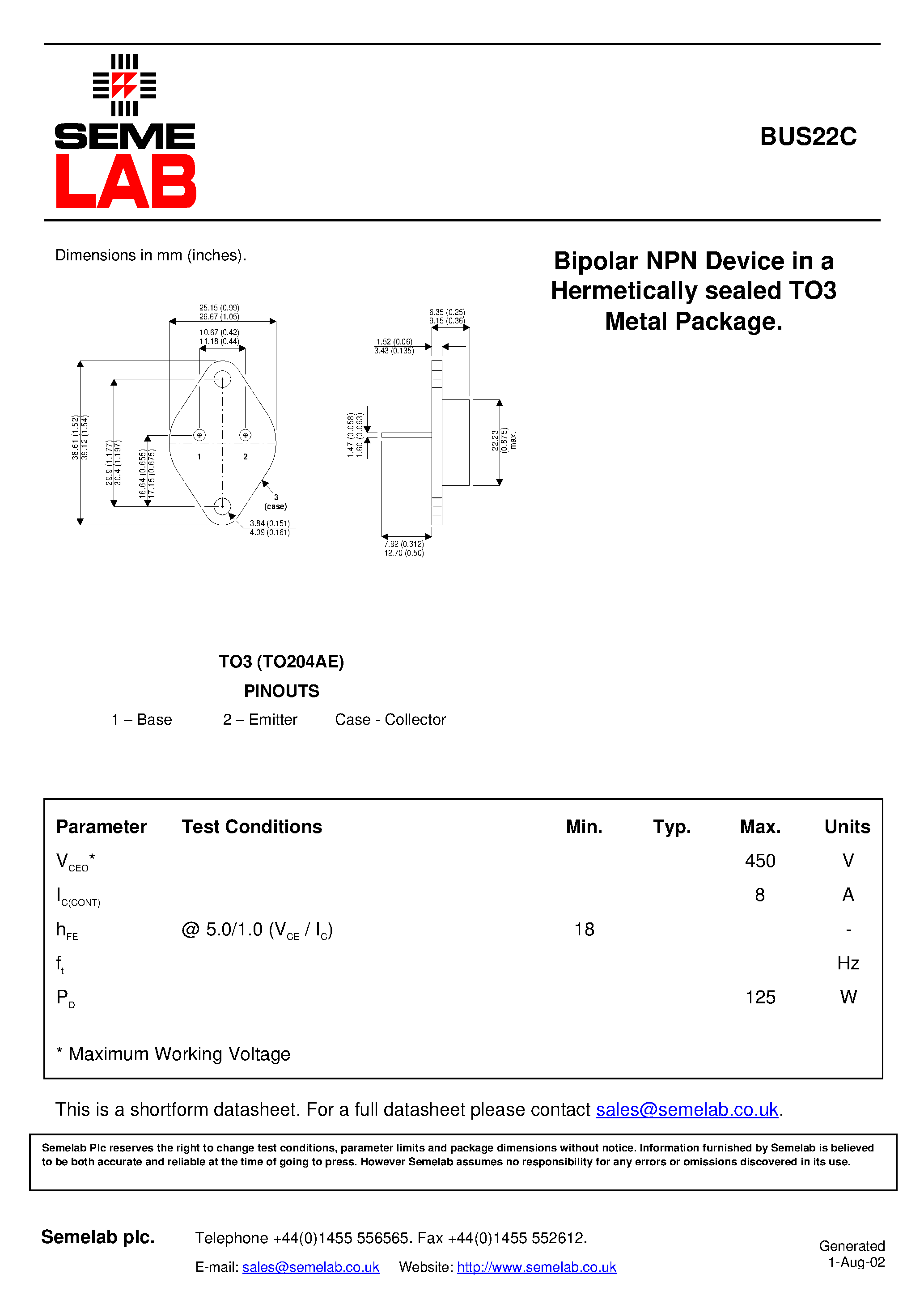 Datasheet SF_BUS22C - Bipolar NPN Device in a Hermetically sealed TO3 Metal Package page 1
