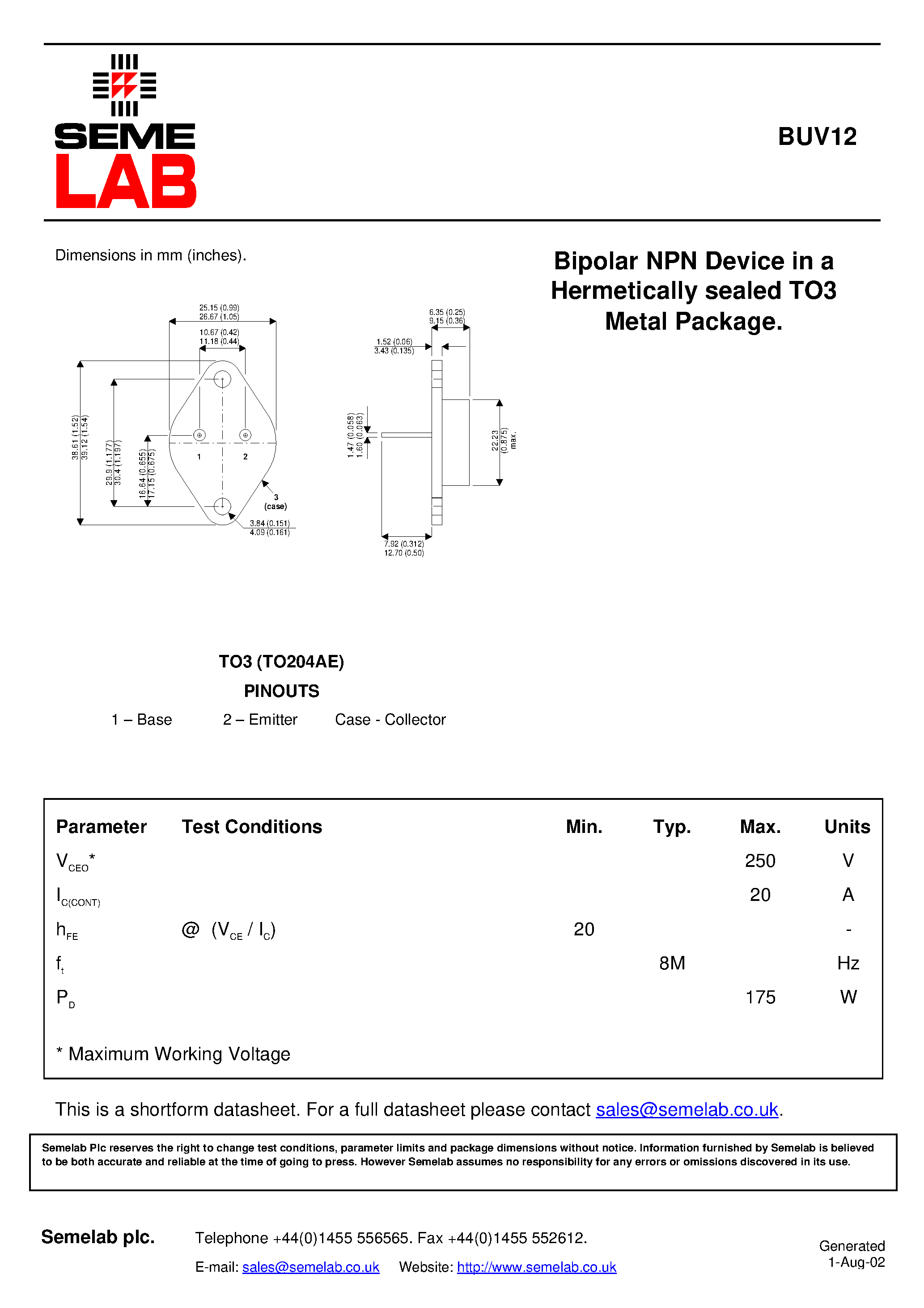 Datasheet SF_BUV12 - Bipolar NPN Device in a Hermetically sealed TO3 Metal Package page 1