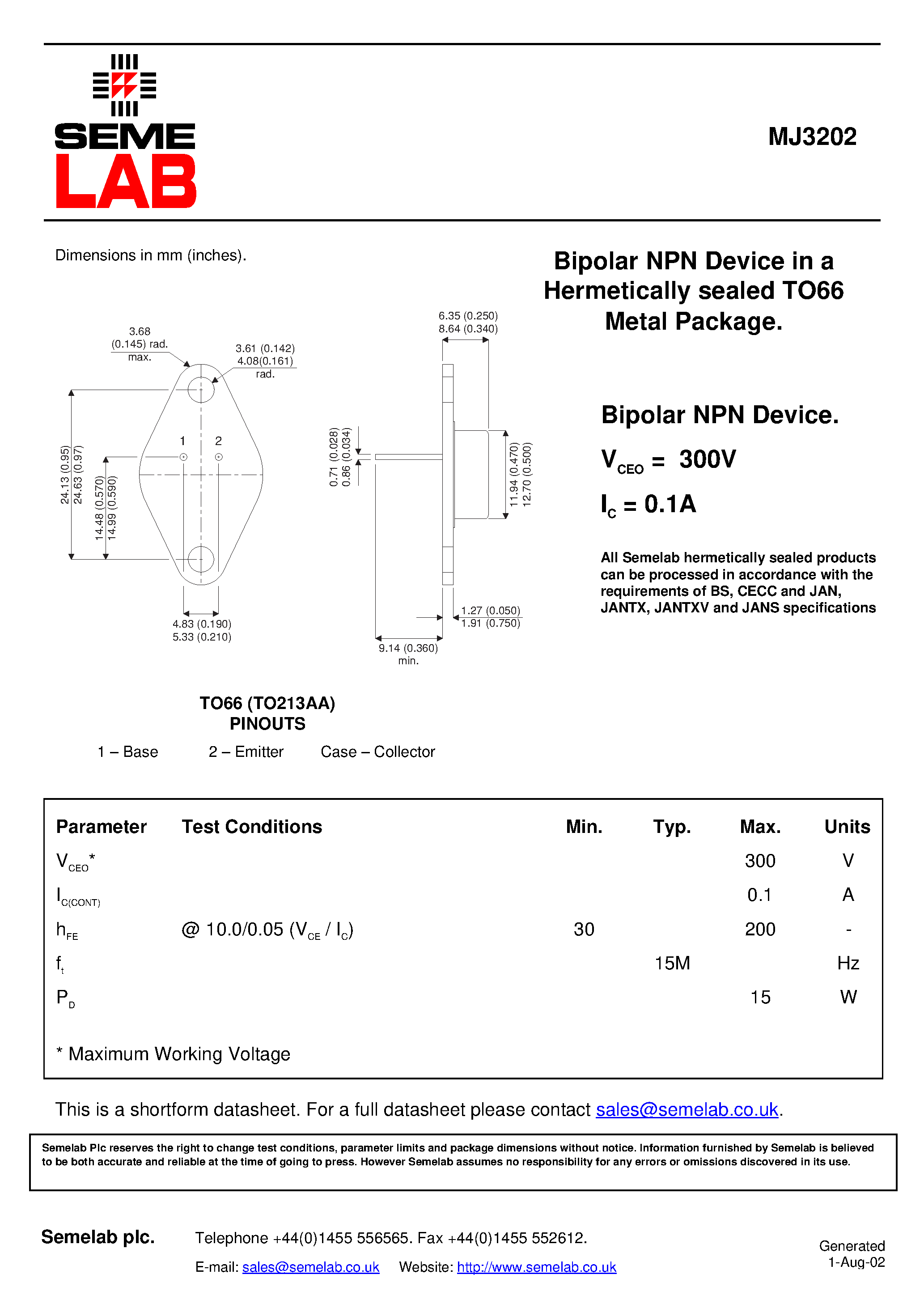 Datasheet SF_MJ3202 - Bipolar NPN Device in a Hermetically sealed TO66 Metal Package page 1