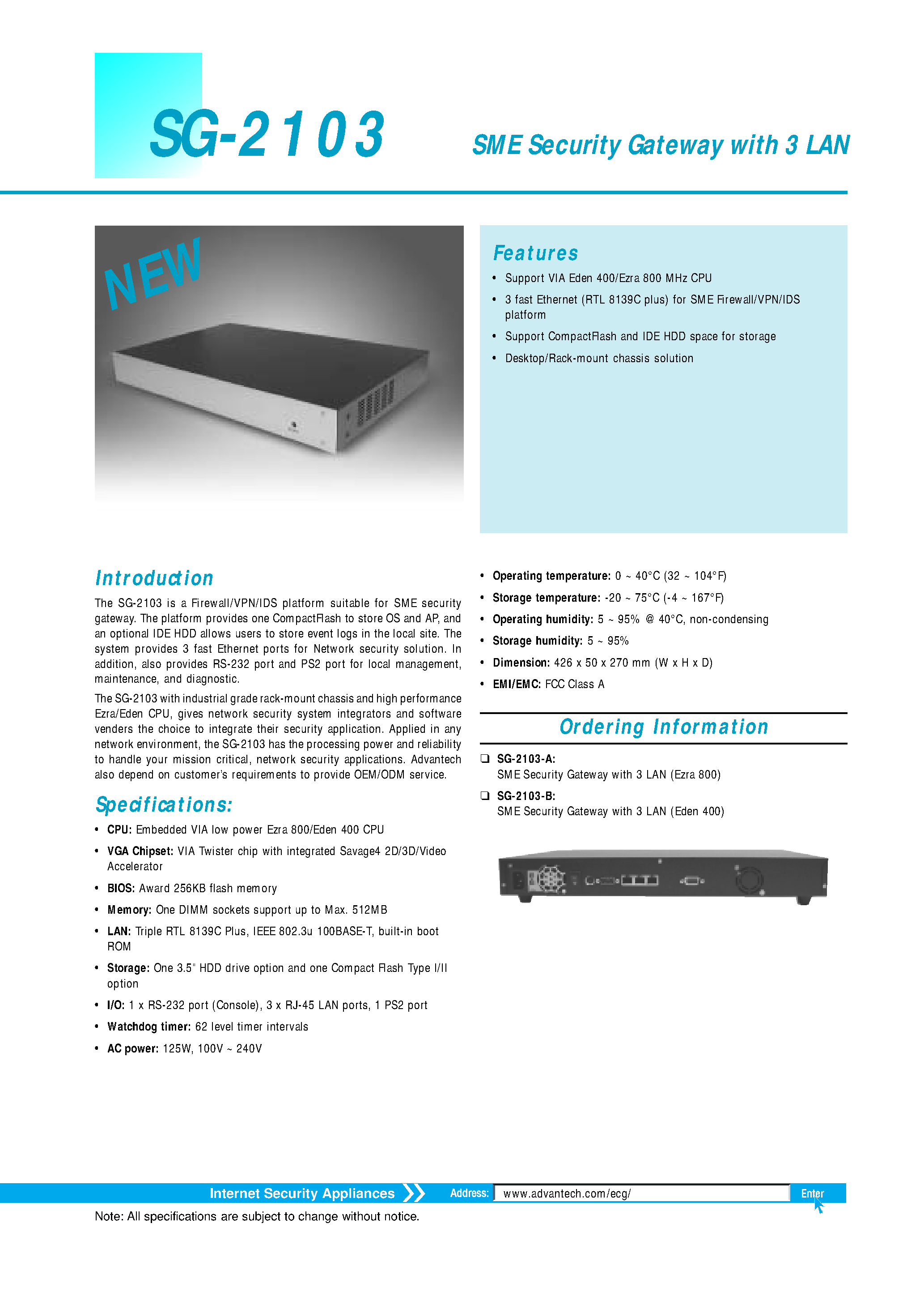 Datasheet SG-2103-B page 1 Datasheet SG-2103-B - SME Security Gateway with 3 LAN page 1