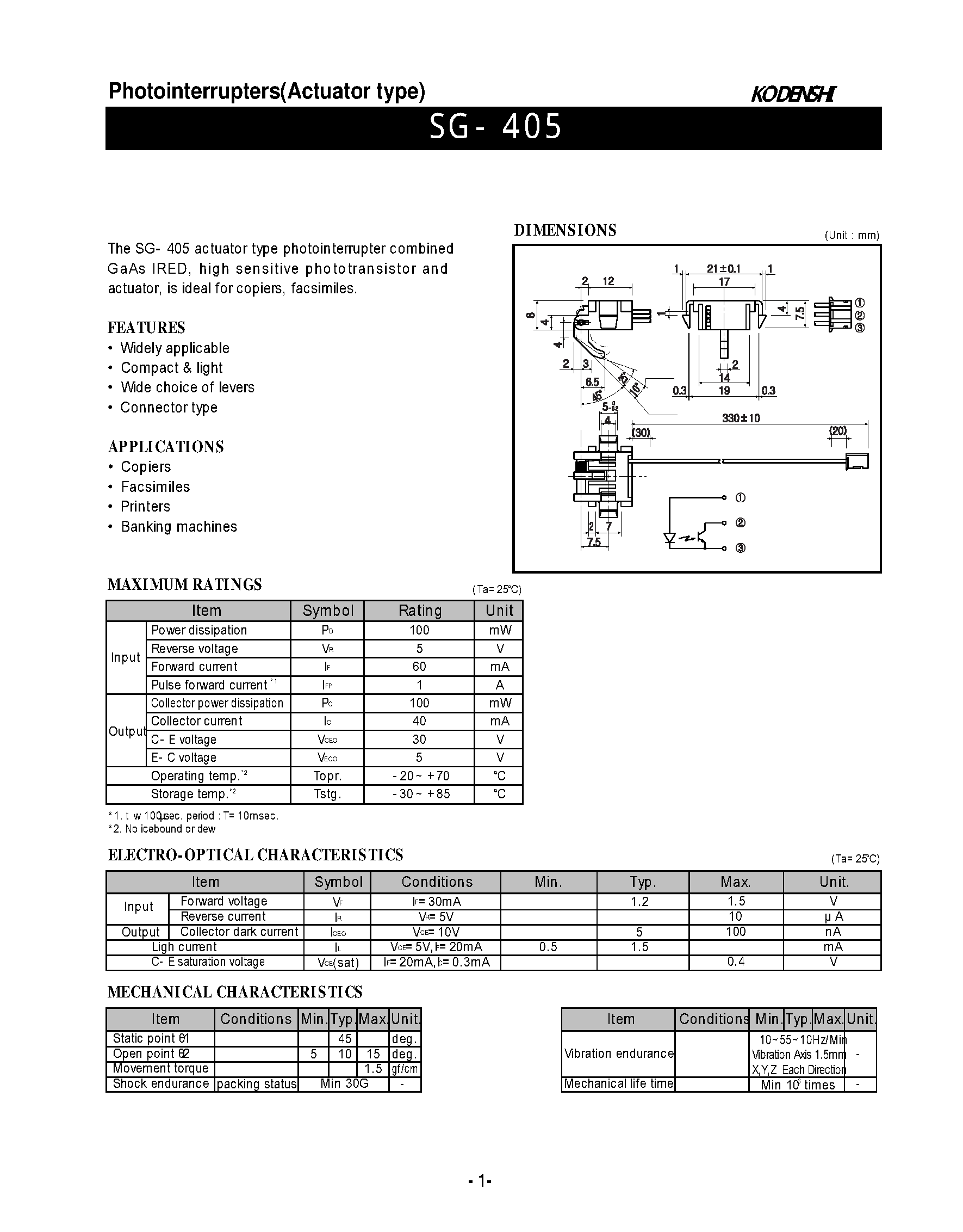 Даташит SG-405 - Photointerrupters(Actuator type) страница 1