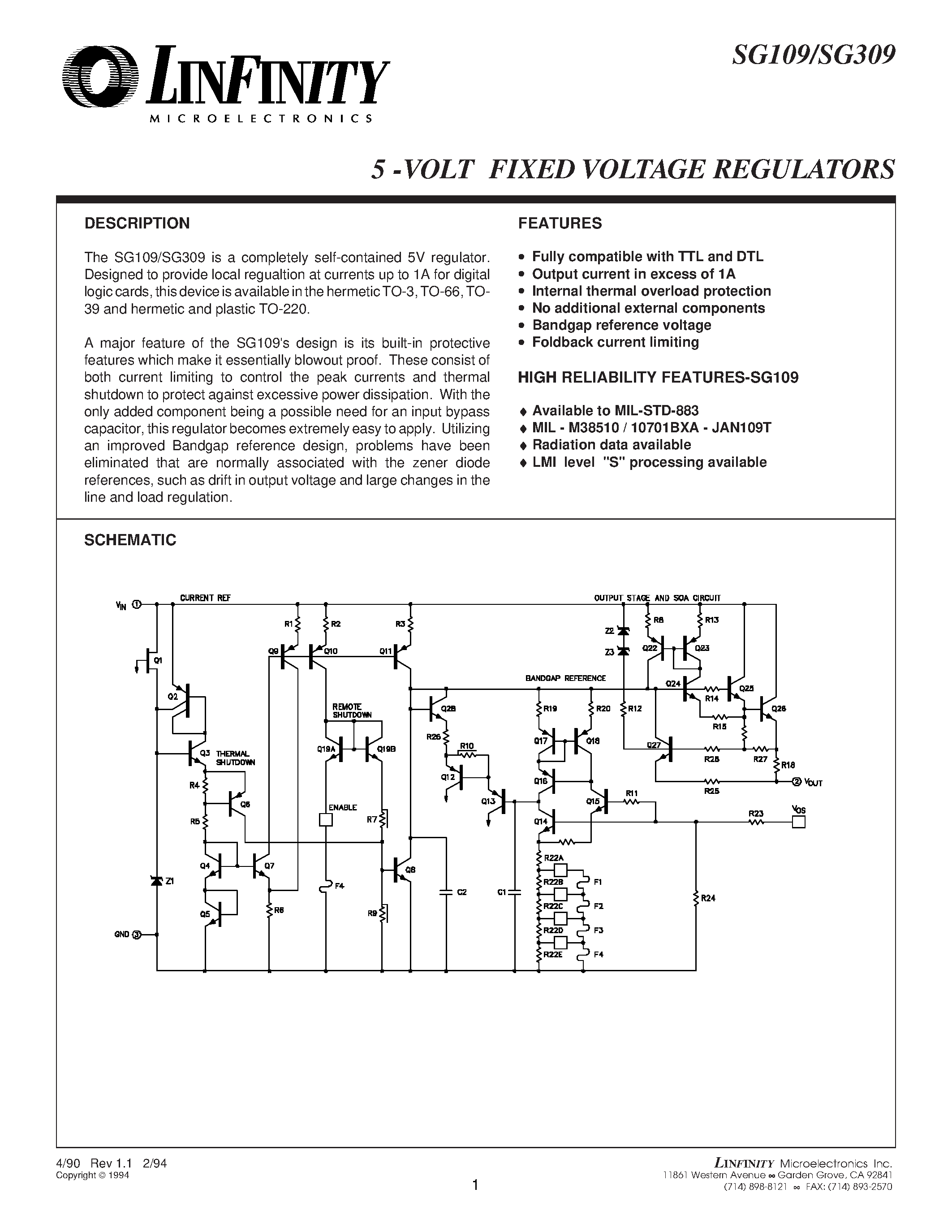 Datasheet SG109T - 5 -VOLT FIXED VOLTAGE REGULATORS page 1