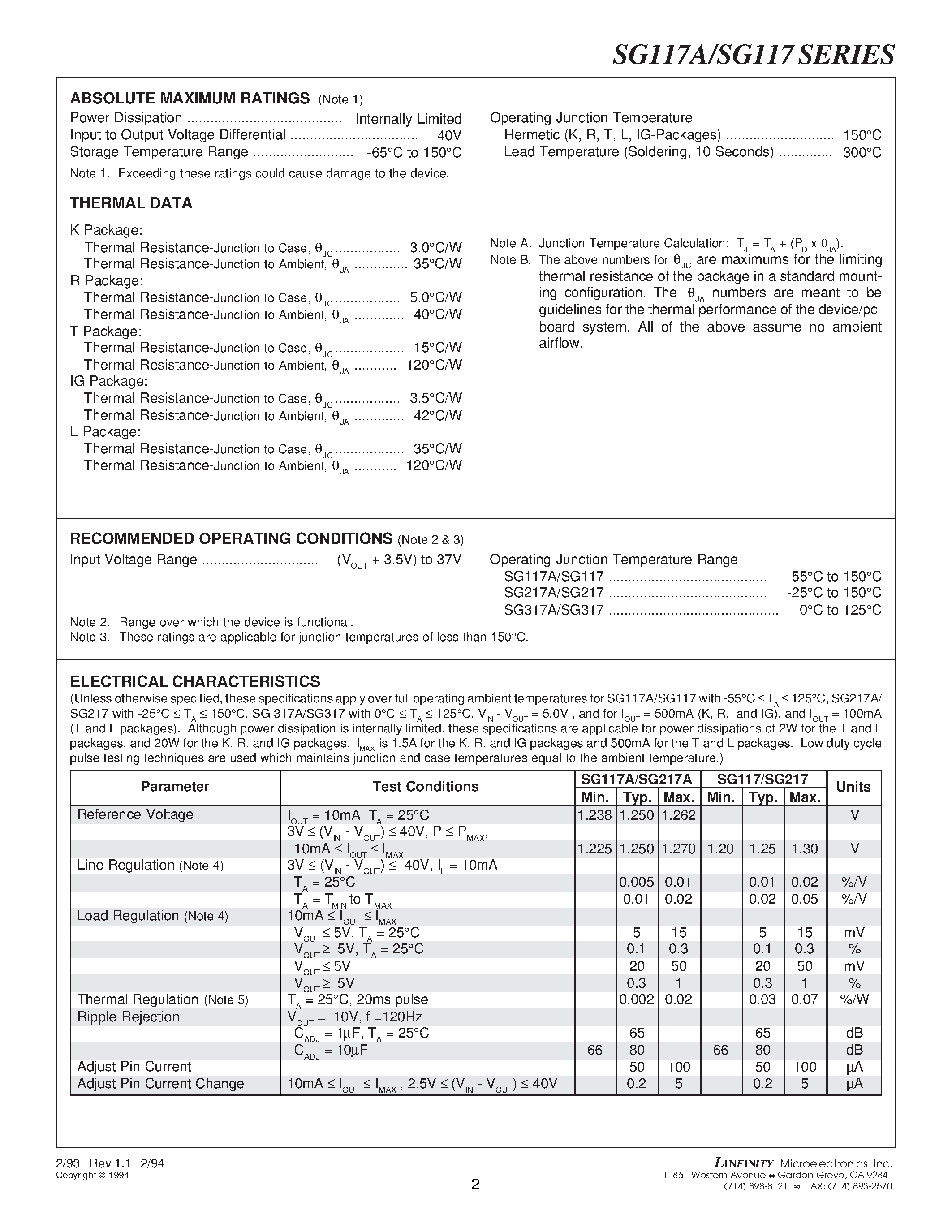 Datasheet SG117 page 2 Datasheet SG117 - 1.5 AMP THREE TERMINAL ADJUSTABLE VOLTAGE REGULATOR page 2