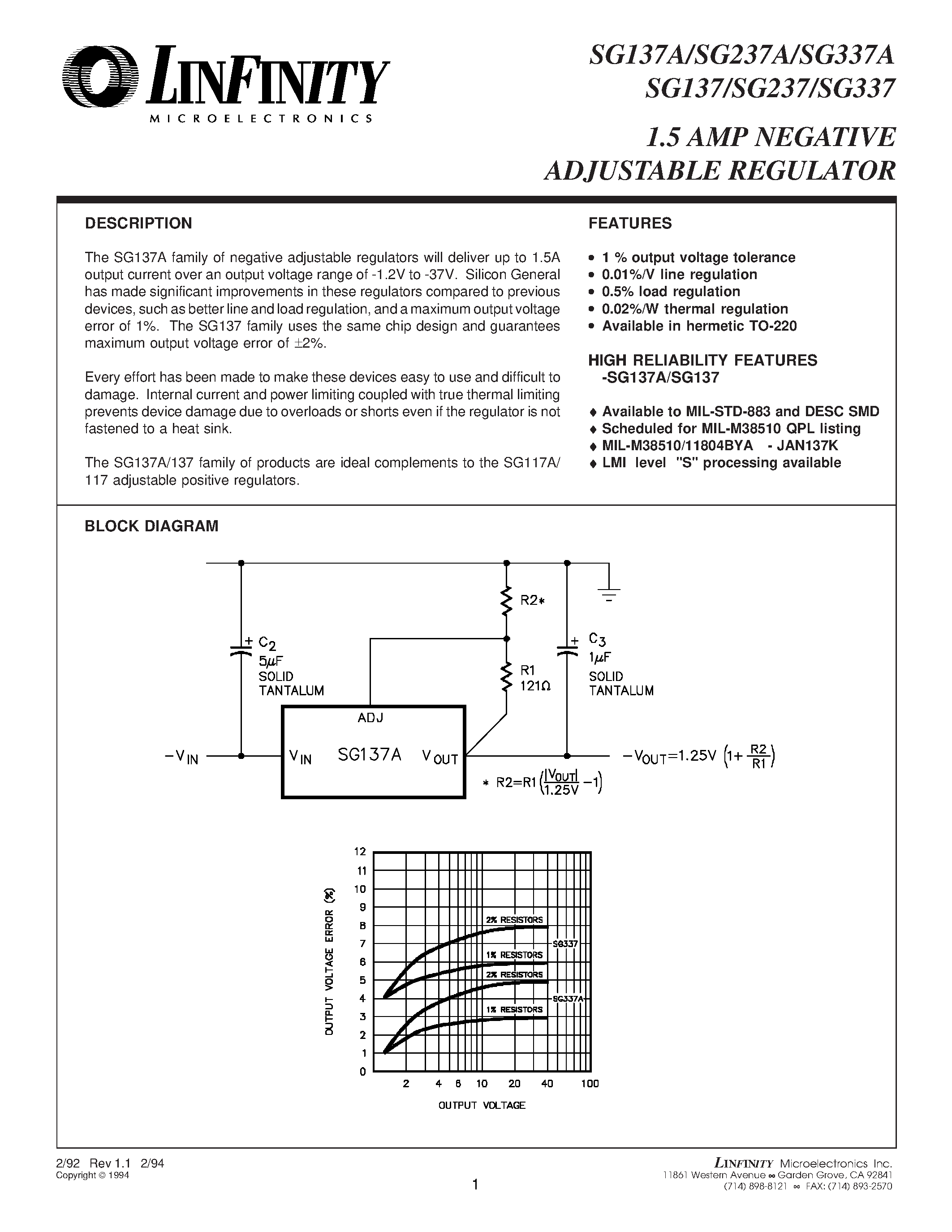 Datasheet SG137A - 1.5 AMP NEGATIVE ADJUSTABLE REGULATOR page 1