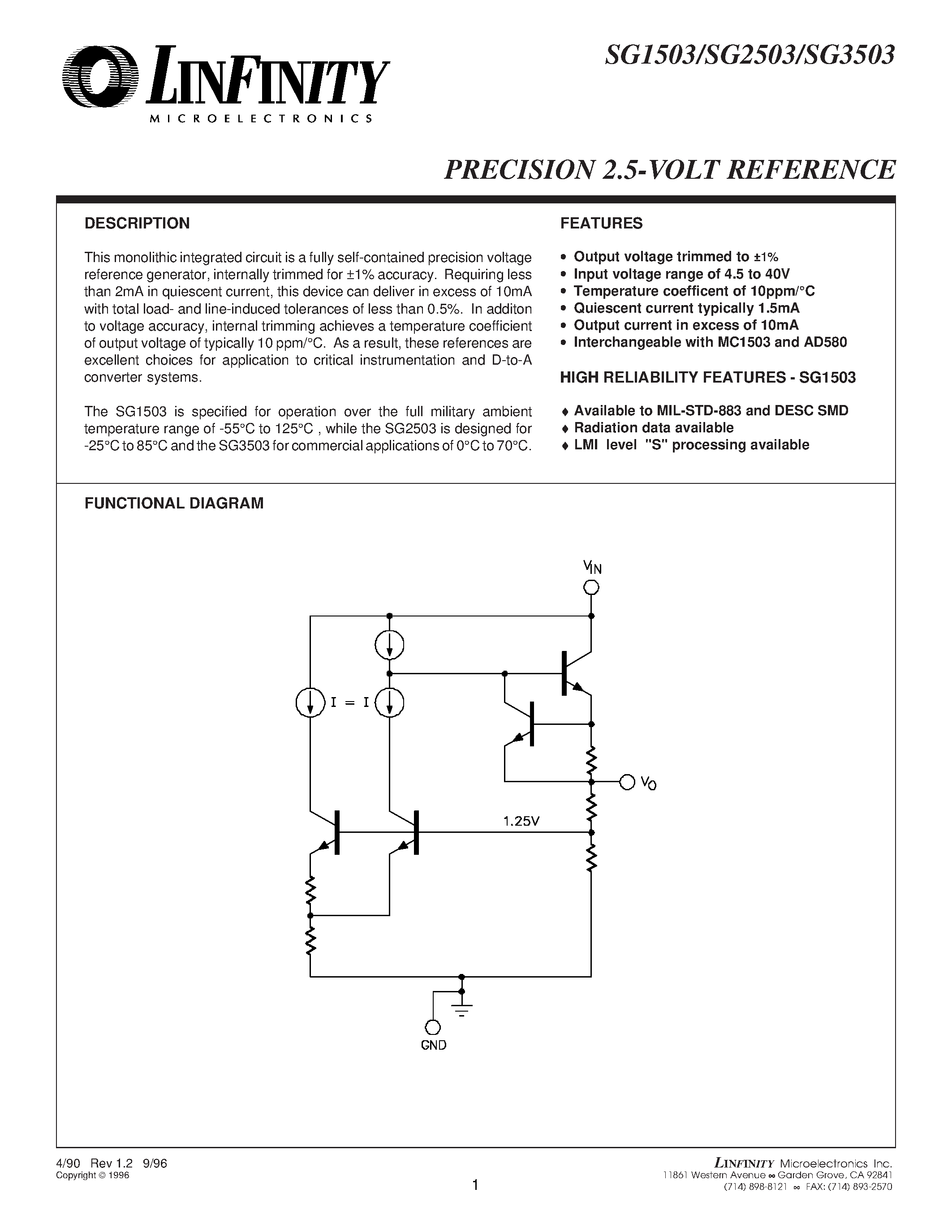 Datasheet SG1503 - PRECISION 2.5-VOLT REFERENCE page 1