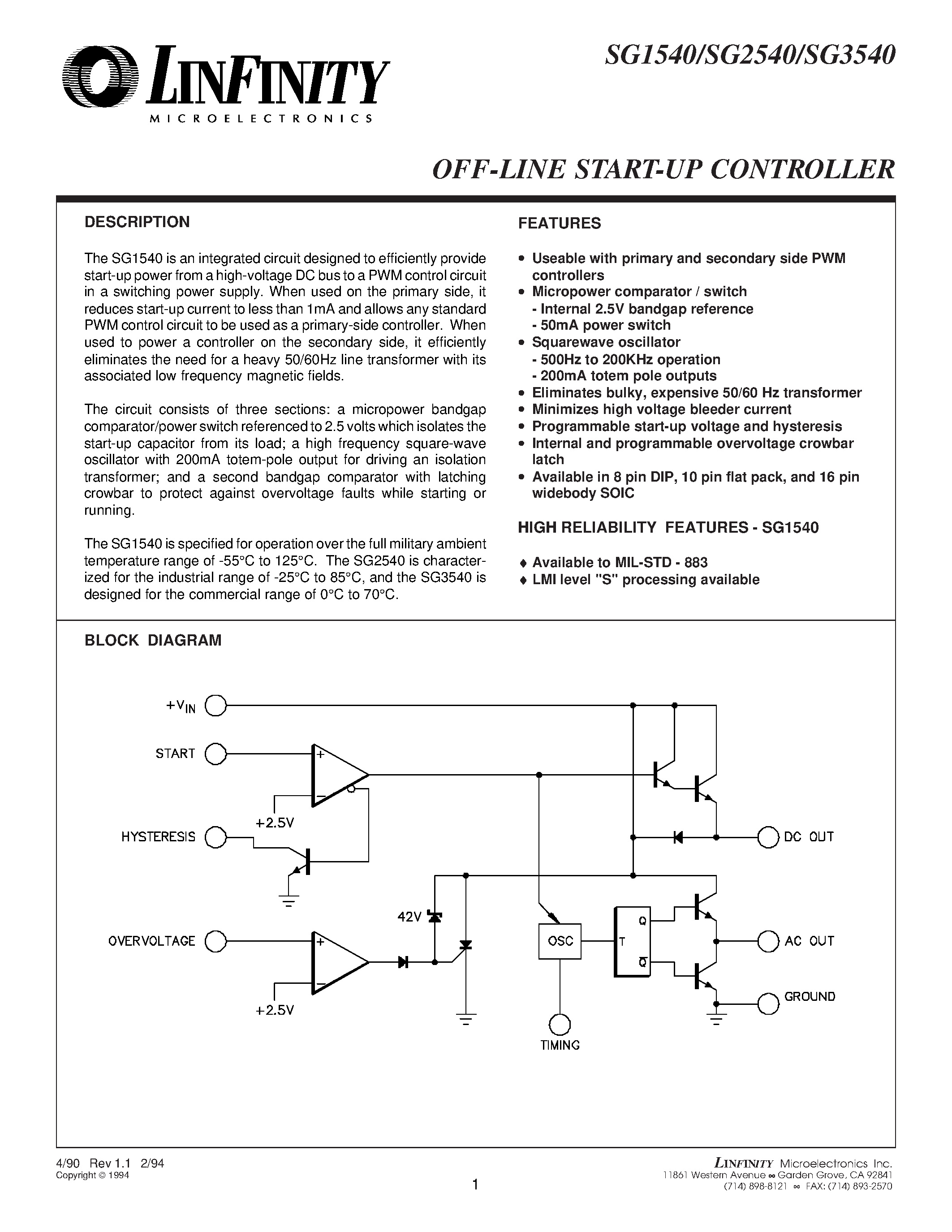 Даташит SG1540 - OFF-LINE START-UP CONTROLLER страница 1