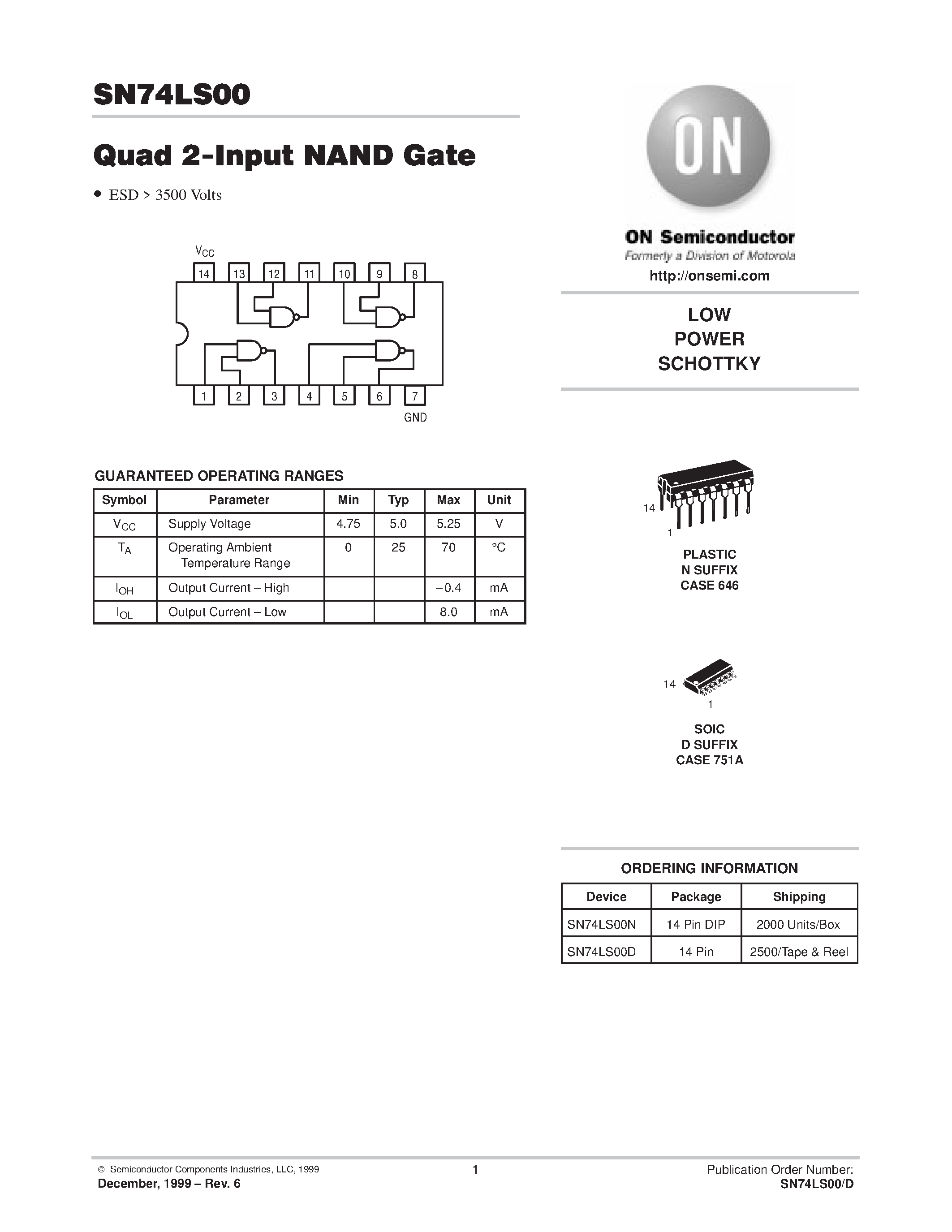 Даташит SN74LS00D-Quad 2-Input NAND Gate страница 1. Даташит на микросхему ...