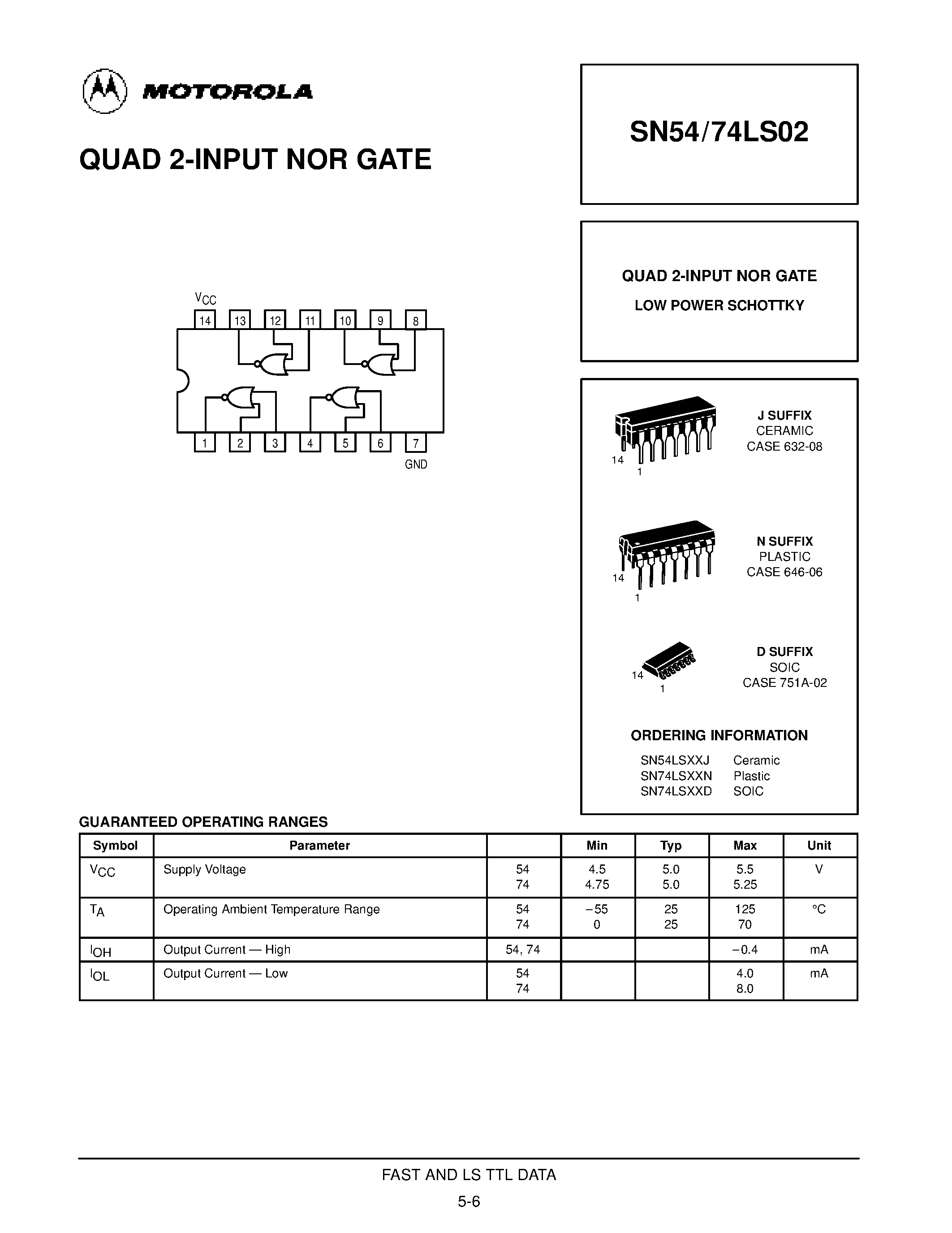 Datasheet SN74LS02D - QUAD 2-INPUT NOR GATE page 1