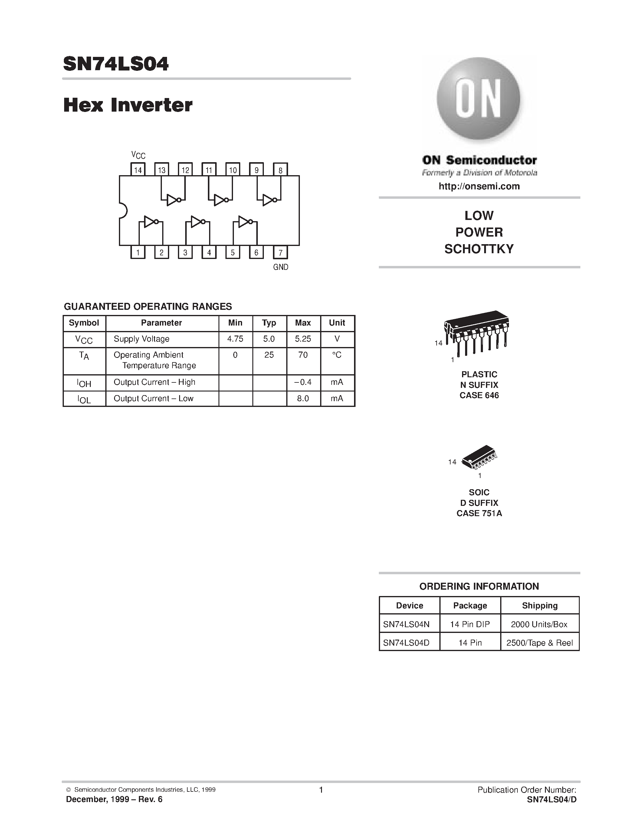 Datasheet SN74LS04N - LOW POWER SCHOTTKY page 1