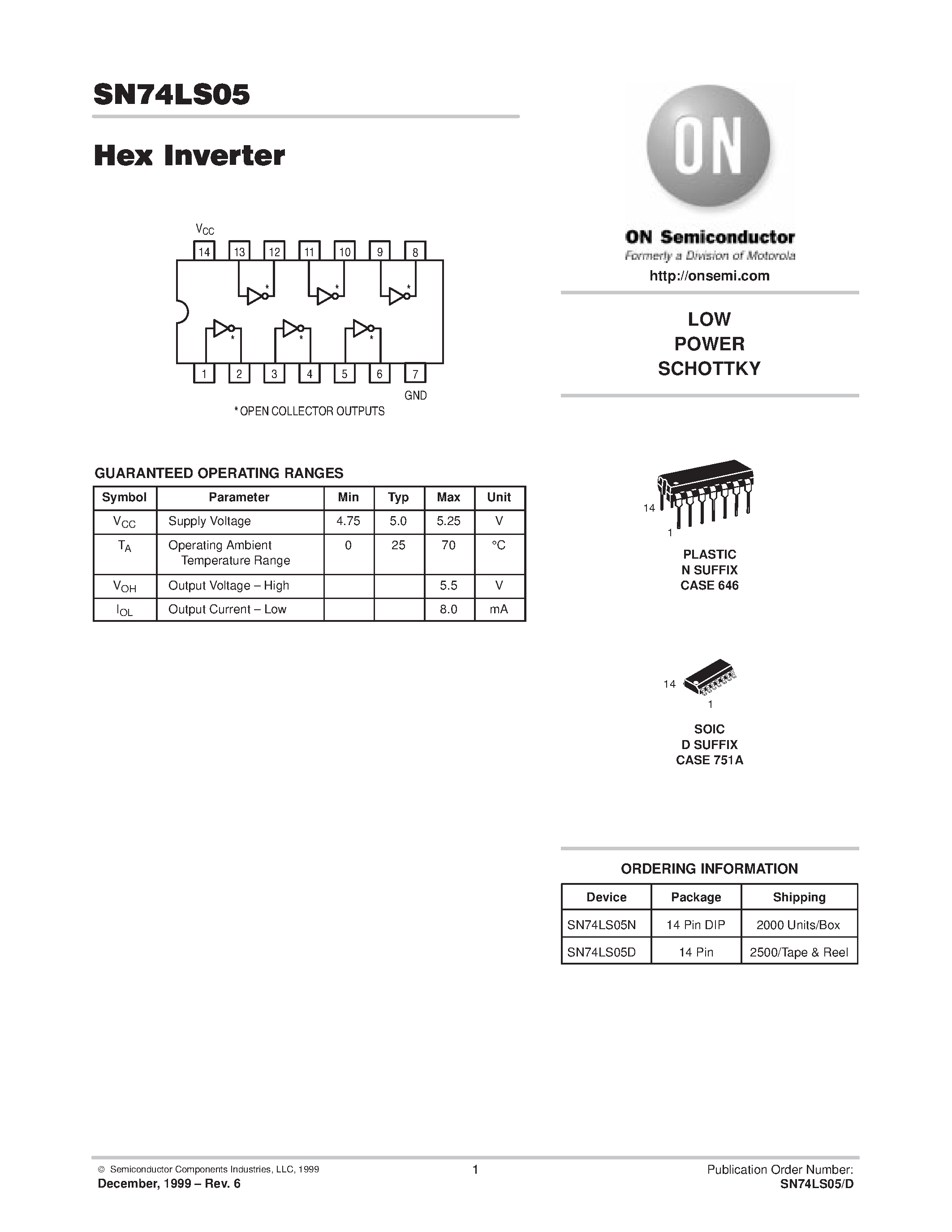 Datasheet SN74LS05N - LOW POWER SCHOTTKY page 1