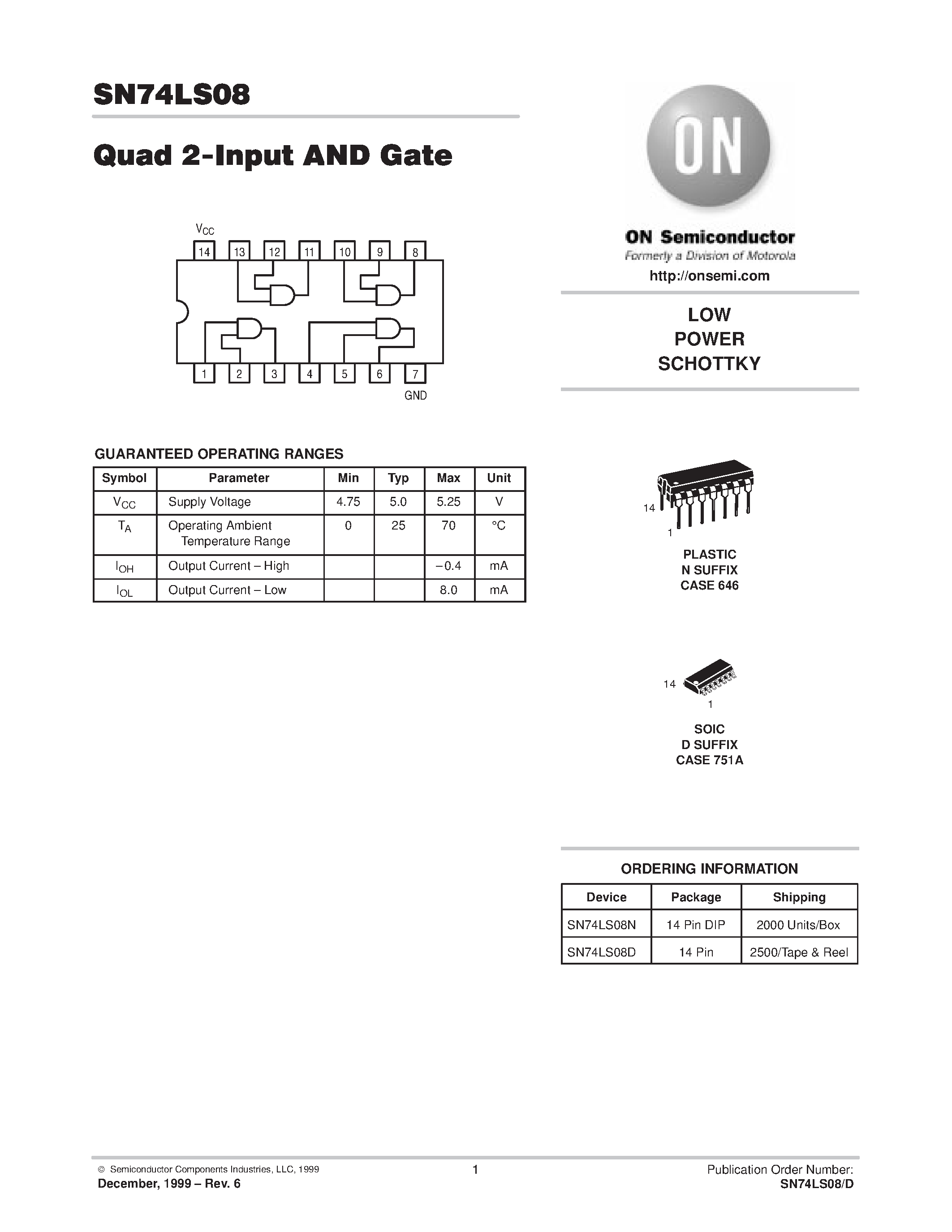 Datasheet SN74LS08D page 1 Datasheet SN74LS08D - LOW POWER SCHOTTKY page 1