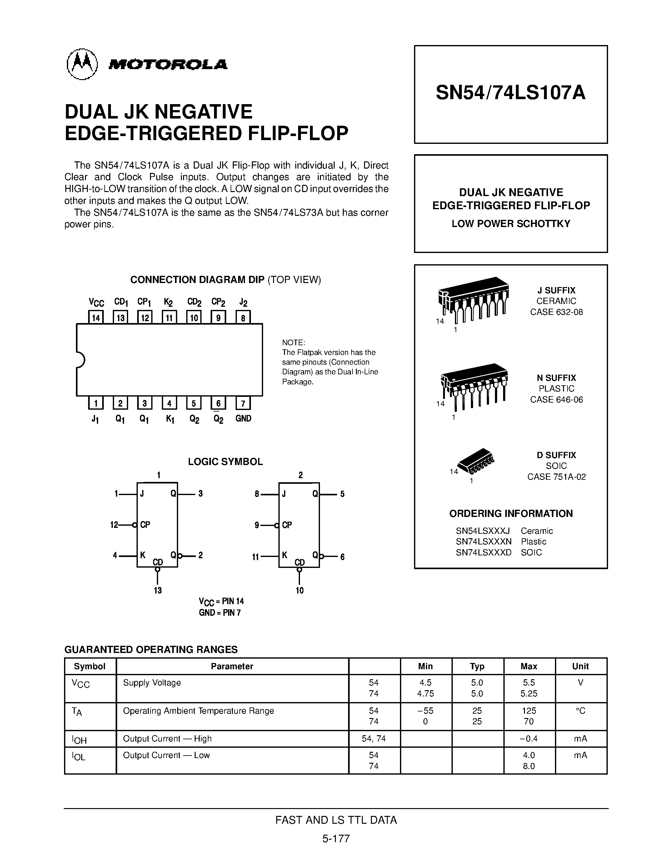 Datasheet SN74LS107N - DUAL JK NEGATIVE EDGE-TRIGGERED FLIP-FLOP page 1