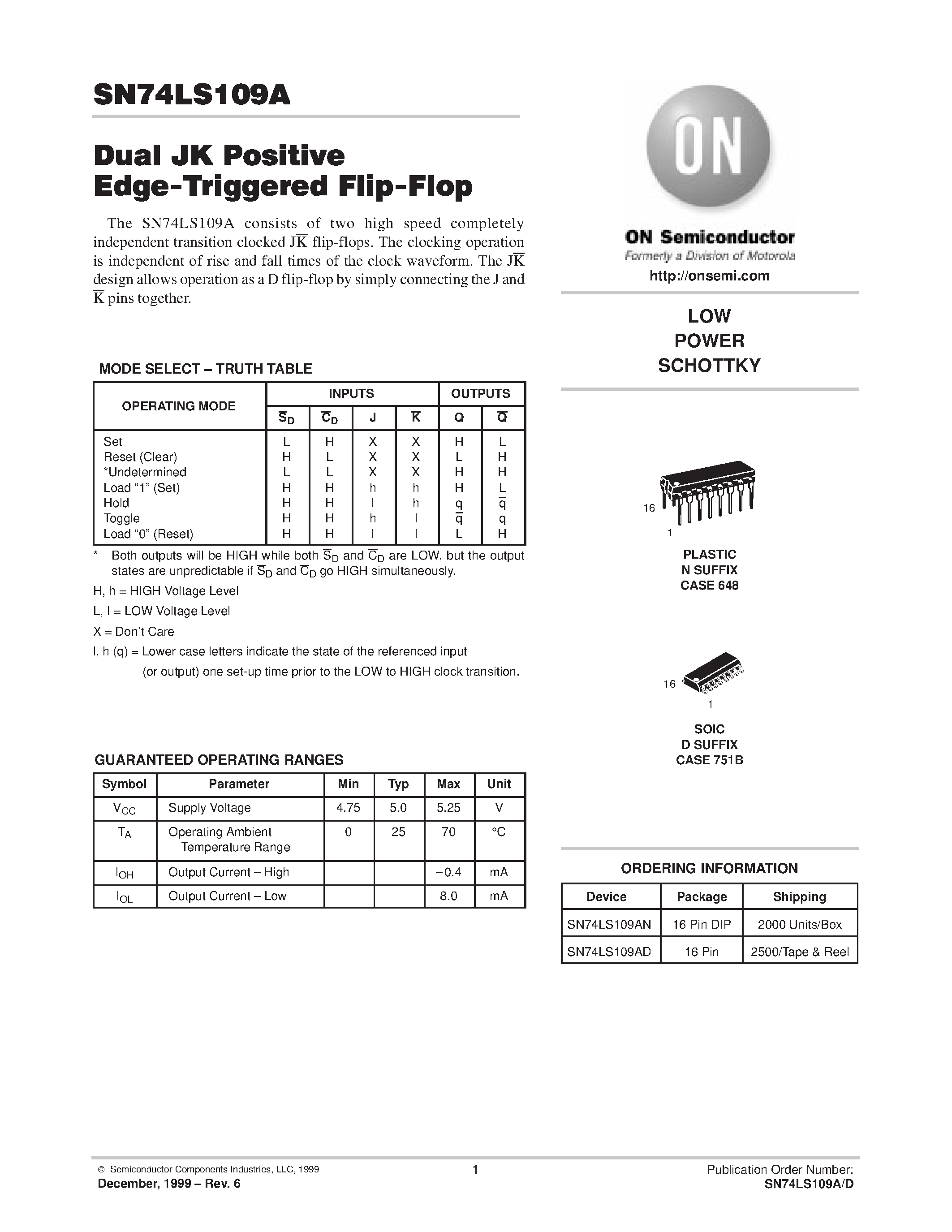 Datasheet SN74LS109AN - LOW POWER SCHOTTKY page 1