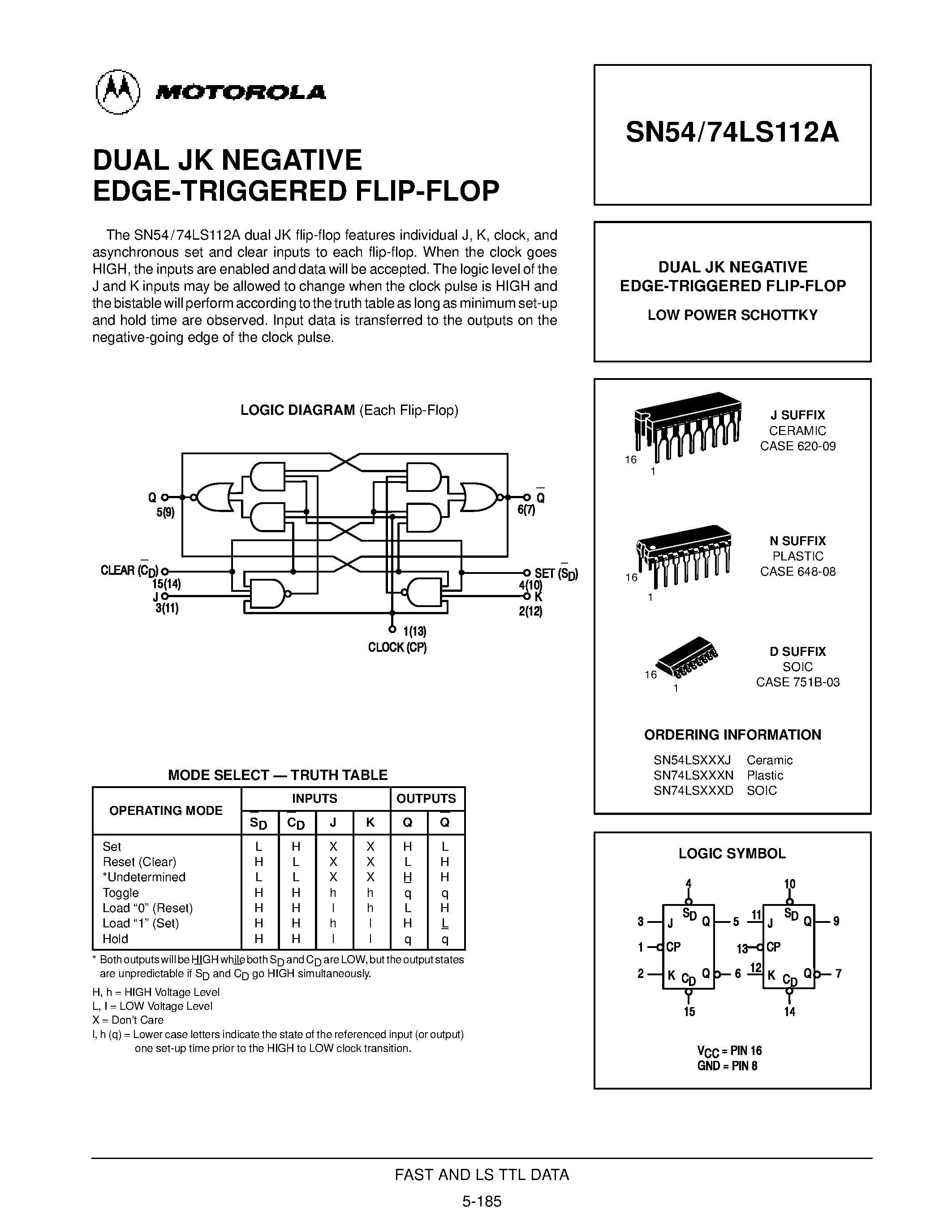 Datasheet SN74LS112N - DUAL JK NEGATIVE EDGE-TRIGGERED FLIP-FLOP page 1