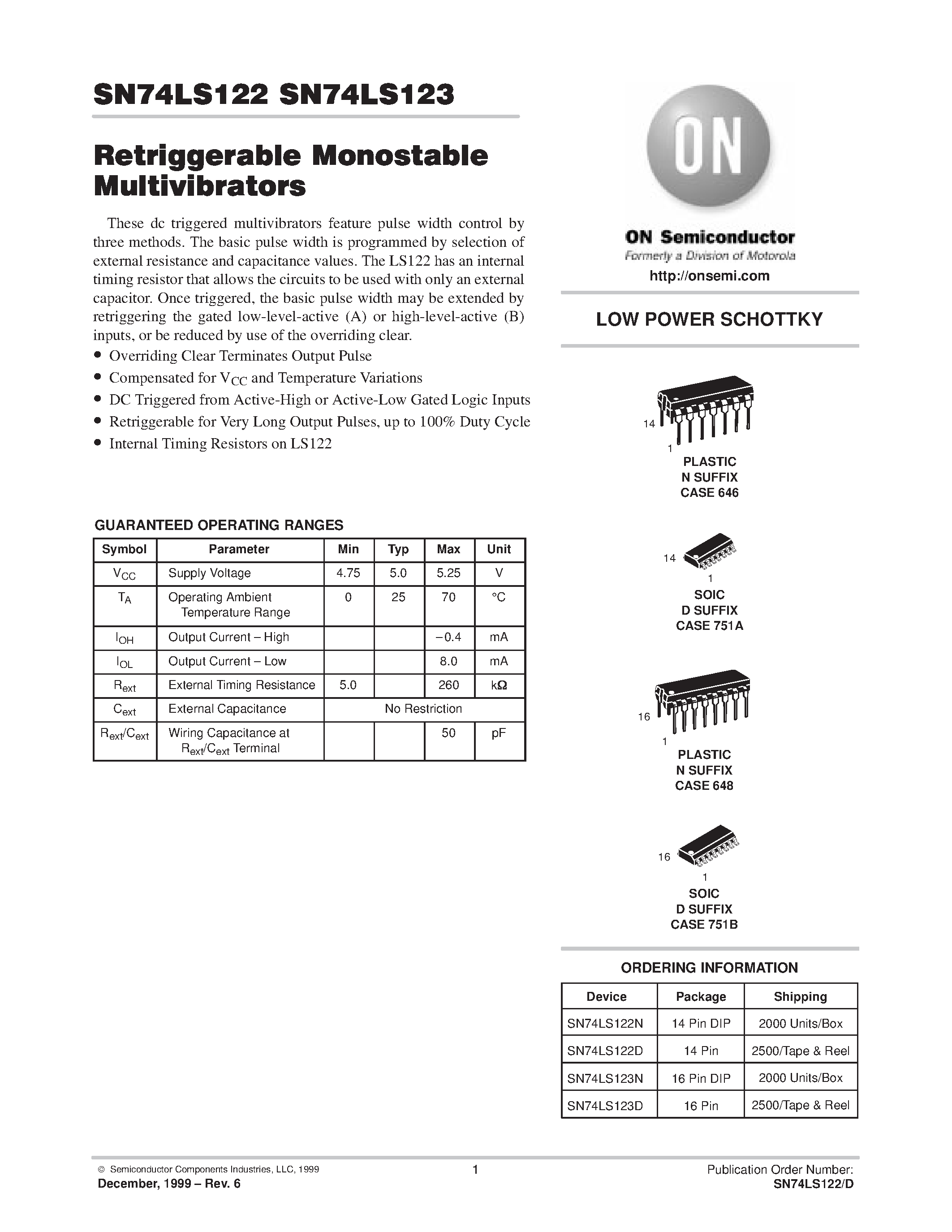 Datasheet SN74LS122D - LOW POWER SCHOTTKY page 1
