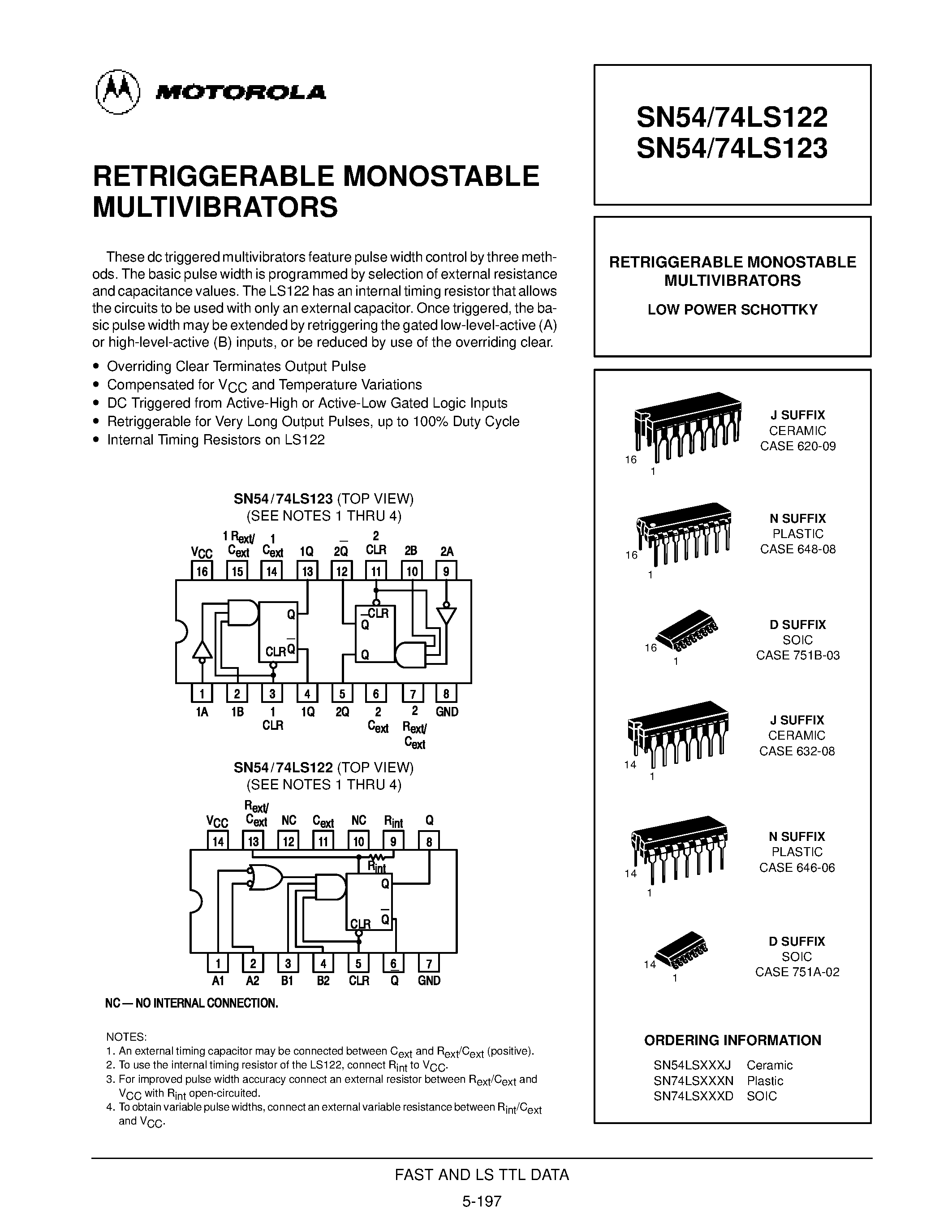 Datasheet SN74LS122N - RETRIGGERABLE MONOSTABLE MULTIVIBRATORS page 1