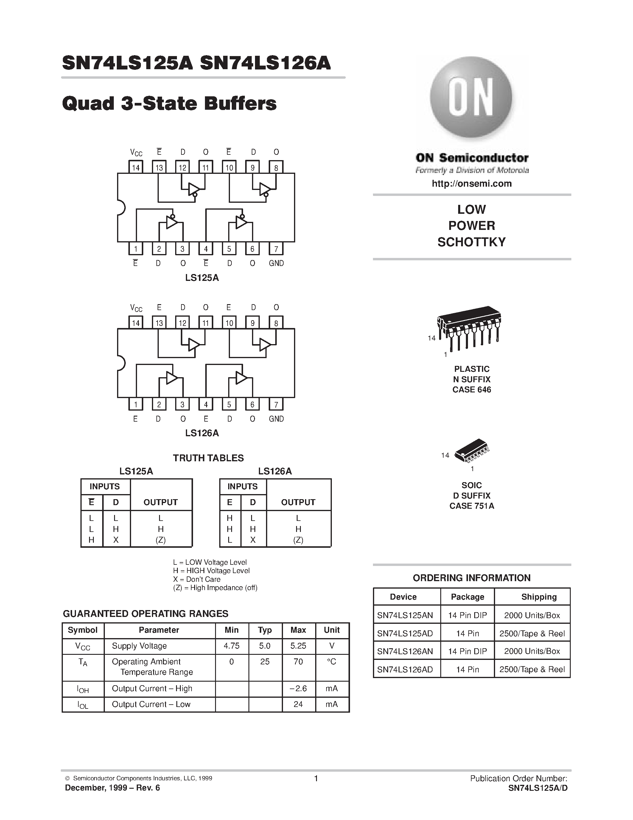 Datasheet SN74LS125AN - LOW POWER SCHOTTKY page 1