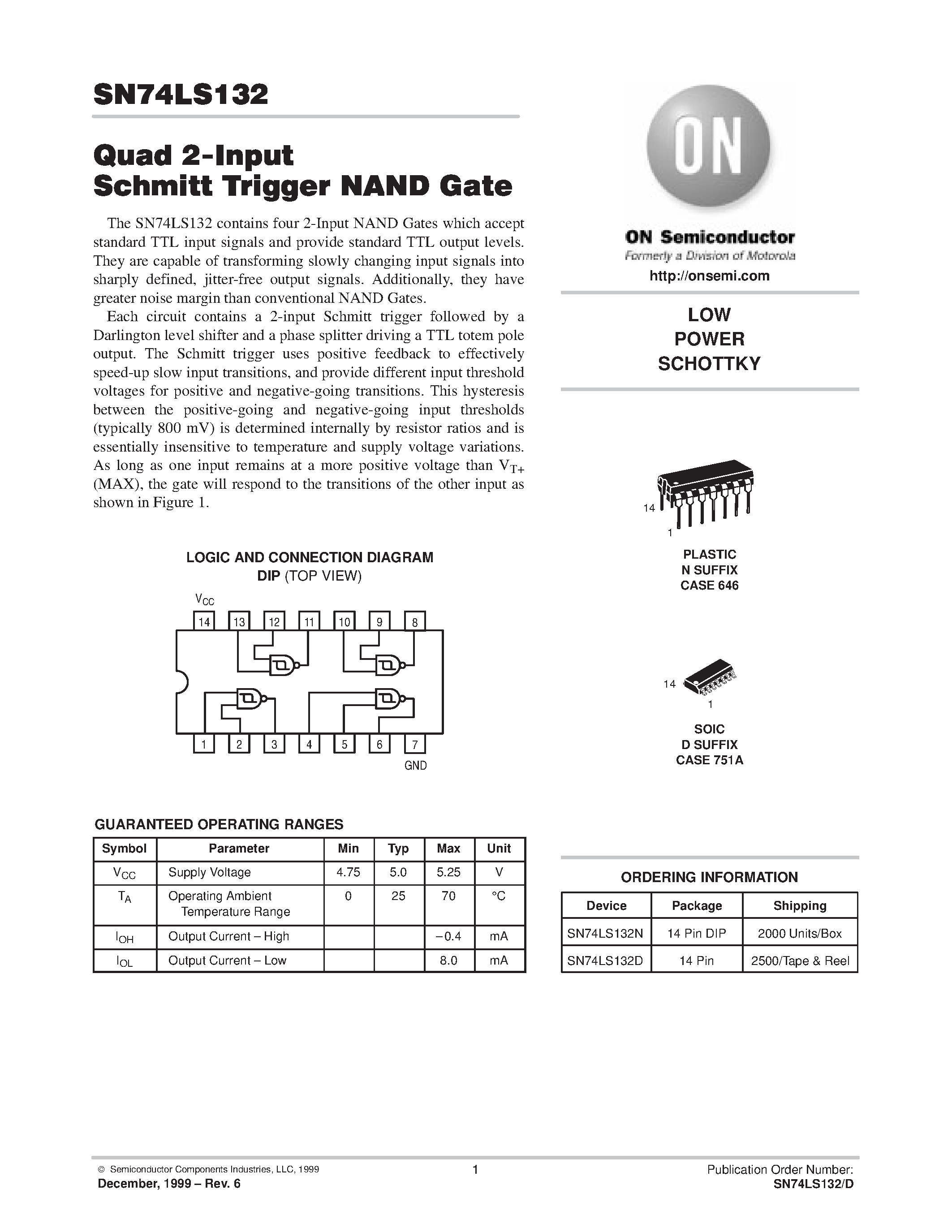 Datasheet SN74LS132D page 1 Datasheet SN74LS132D - LOW POWER SCHOTTKY page 1
