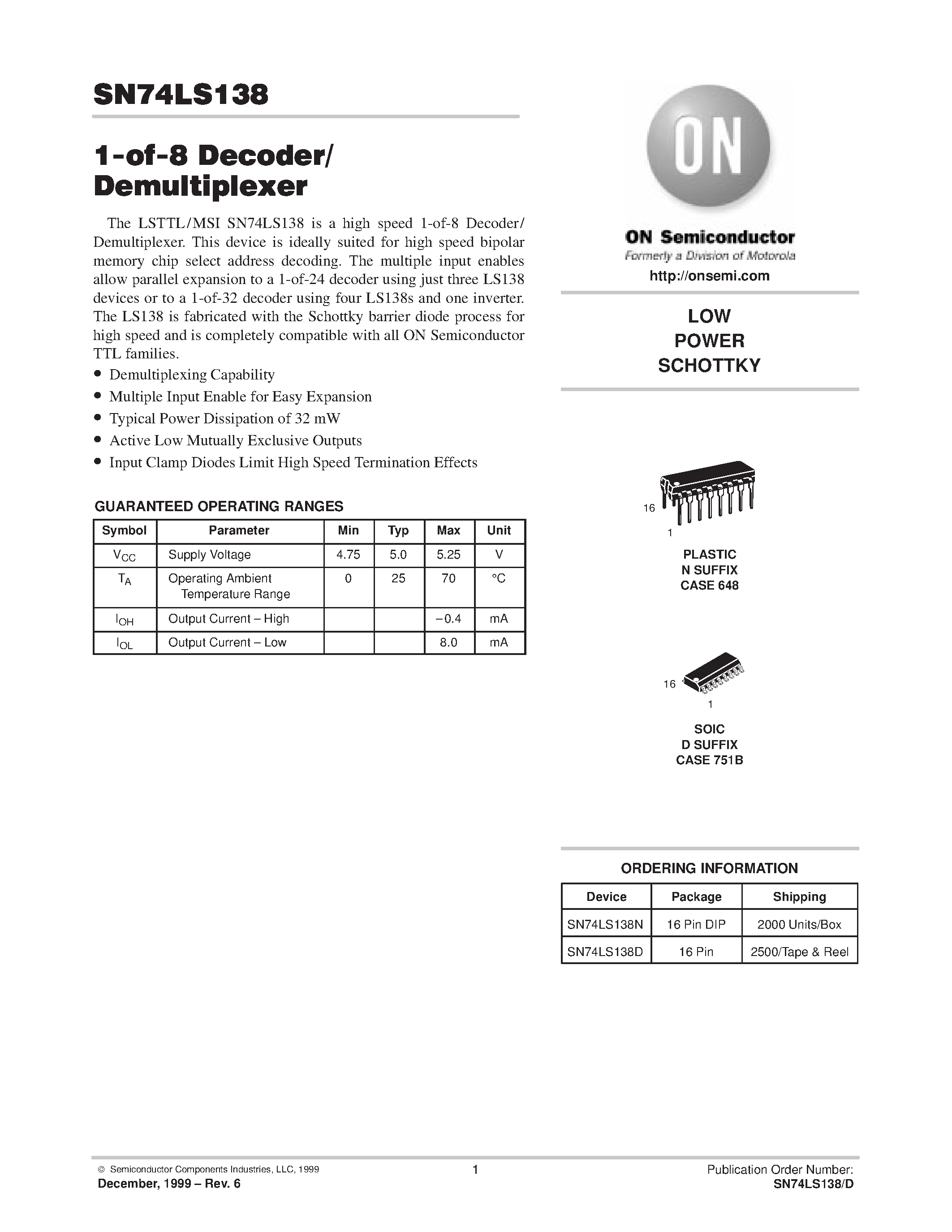 Datasheet SN74LS138D - LOW POWER SCHOTTKY page 1