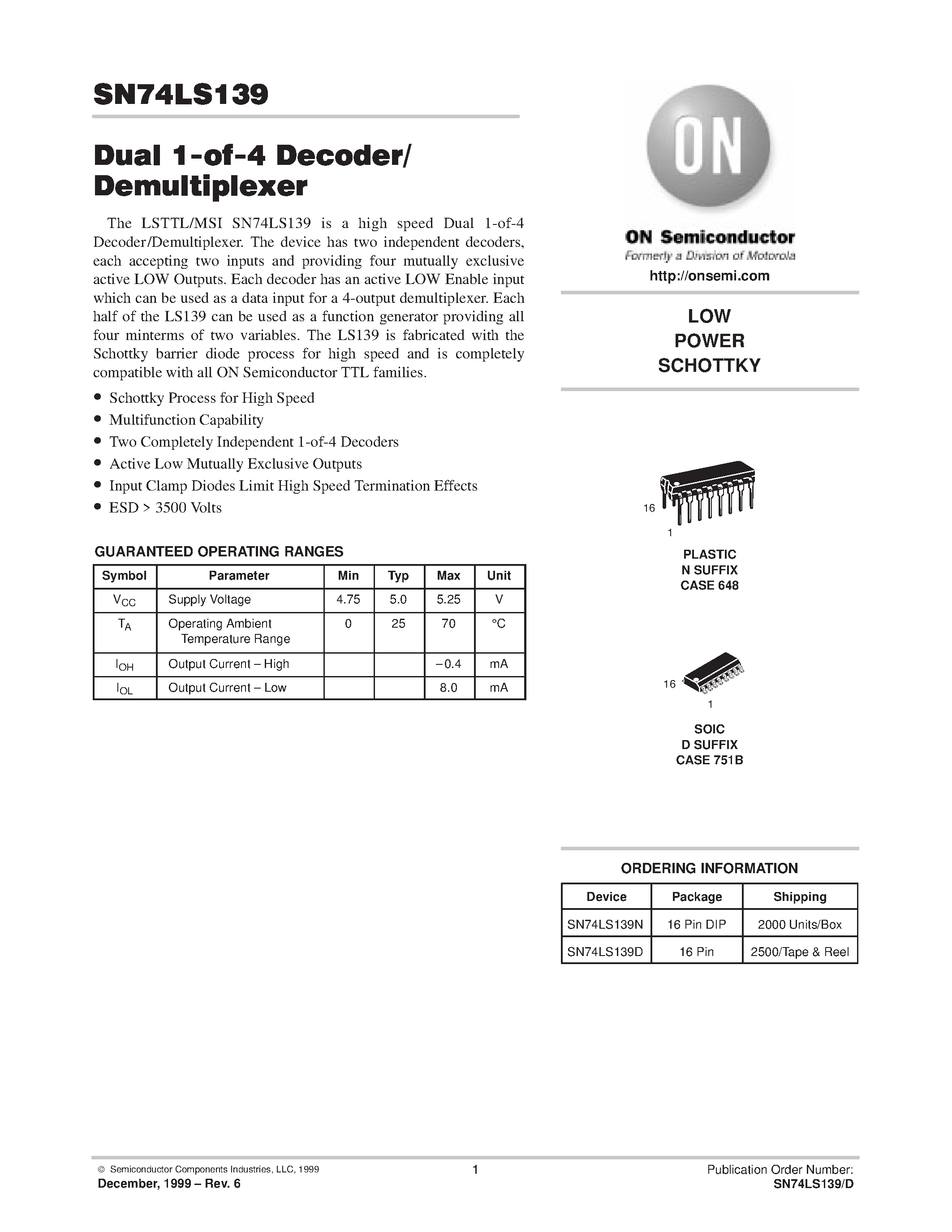 Datasheet SN74LS139 - LOW POWER SCHOTTKY page 1