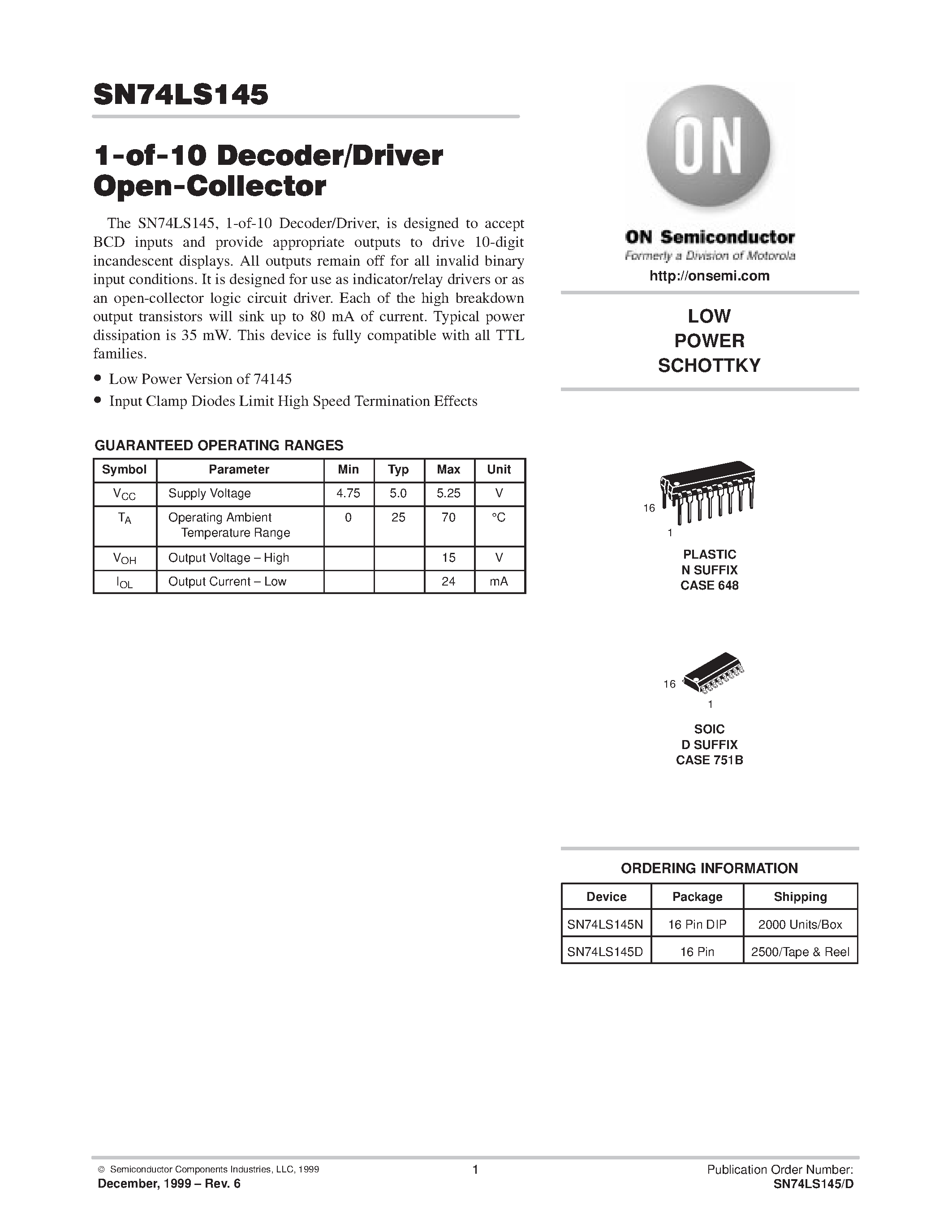 Datasheet SN74LS145 - 1-of-10 Decoder / Drvier Open-Collector page 1
