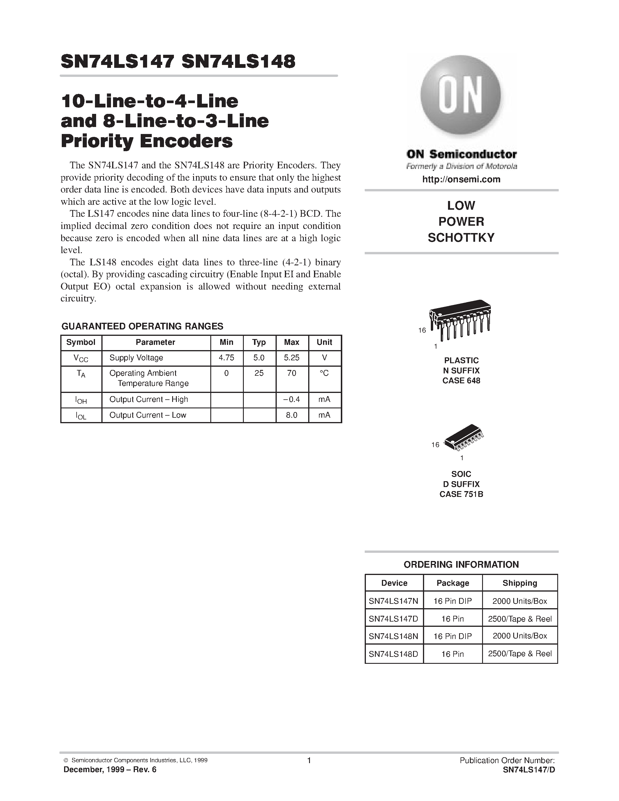 Datasheet SN74LS147D - LOW POWER SCHOTTKY page 1