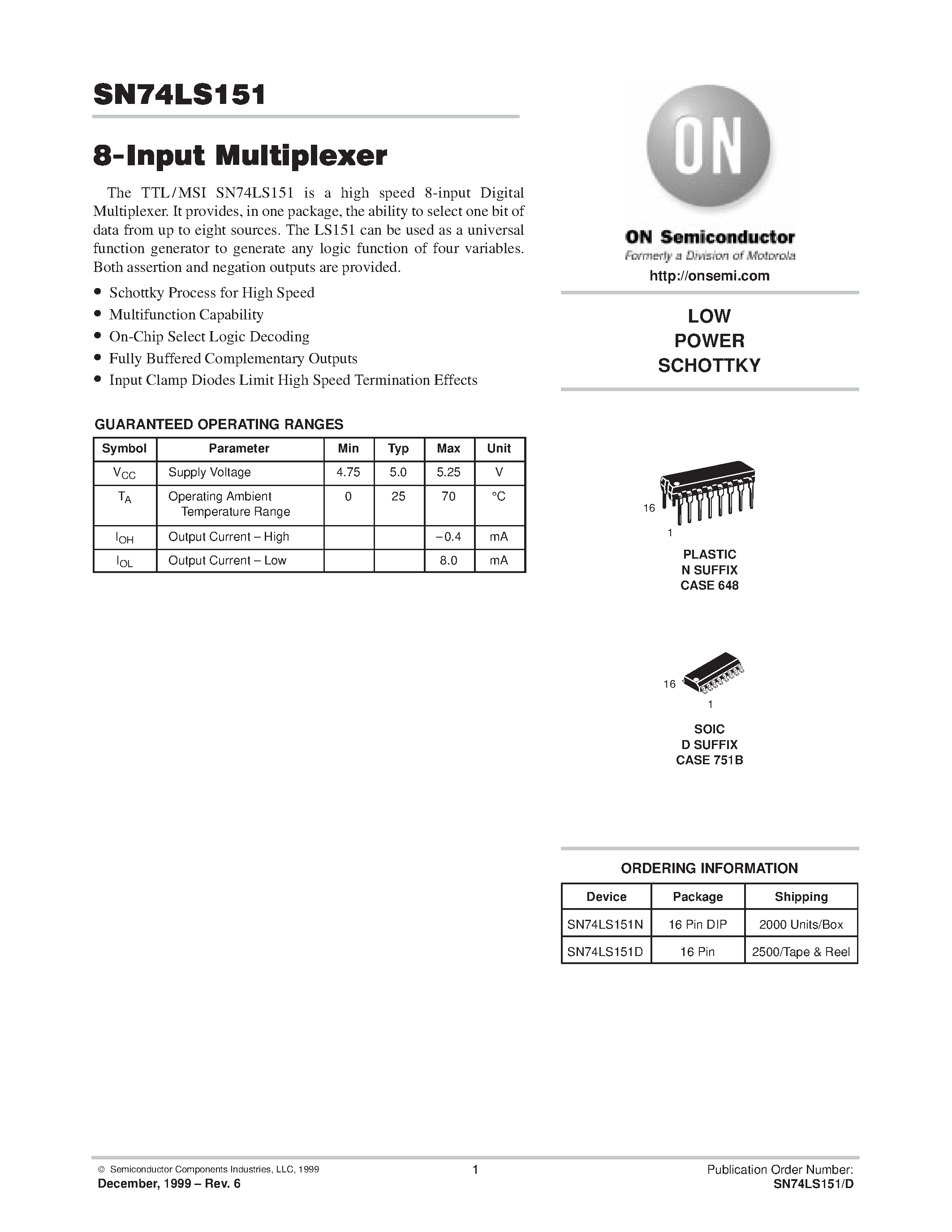 Datasheet SN74LS151 - LOW POWER SCHOTTKY page 1