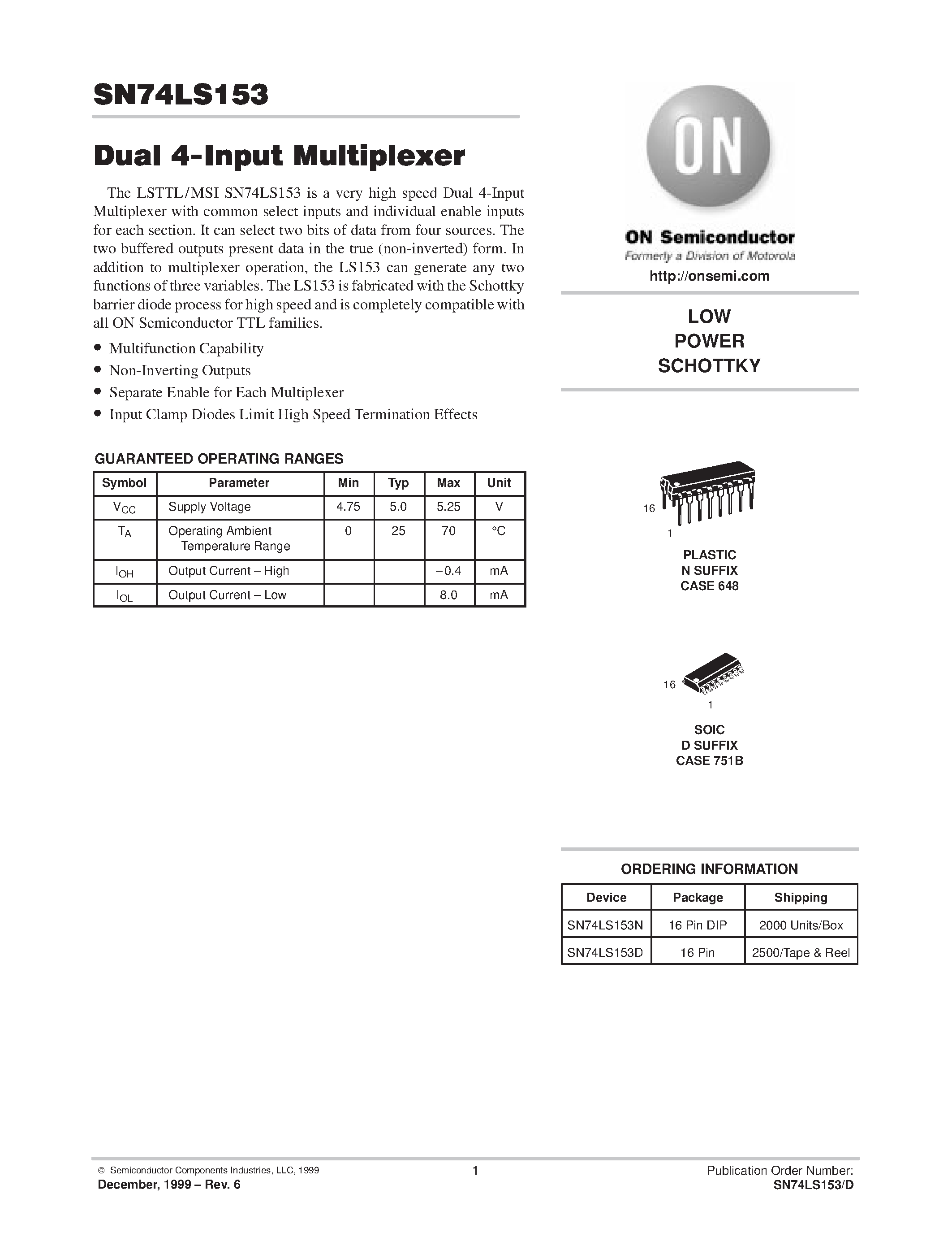 Datasheet SN74LS153 page 1 Datasheet SN74LS153 - LOW POWER SCHOTTKY page 1