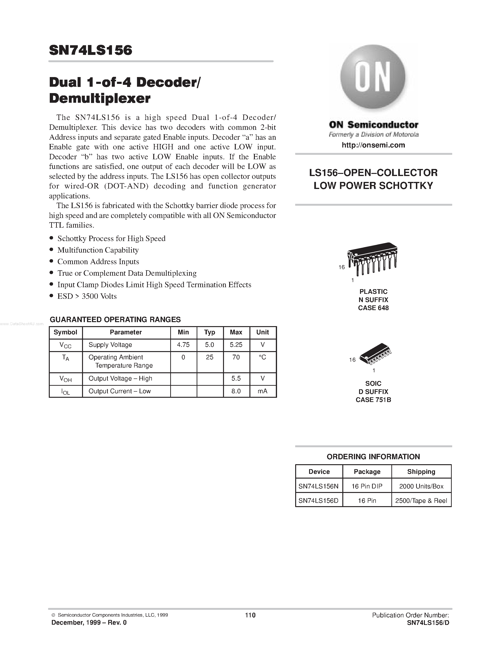 Datasheet SN74LS156D - DUAL 1-OF-4 DECODER/ DEMULTIPLEXER page 1