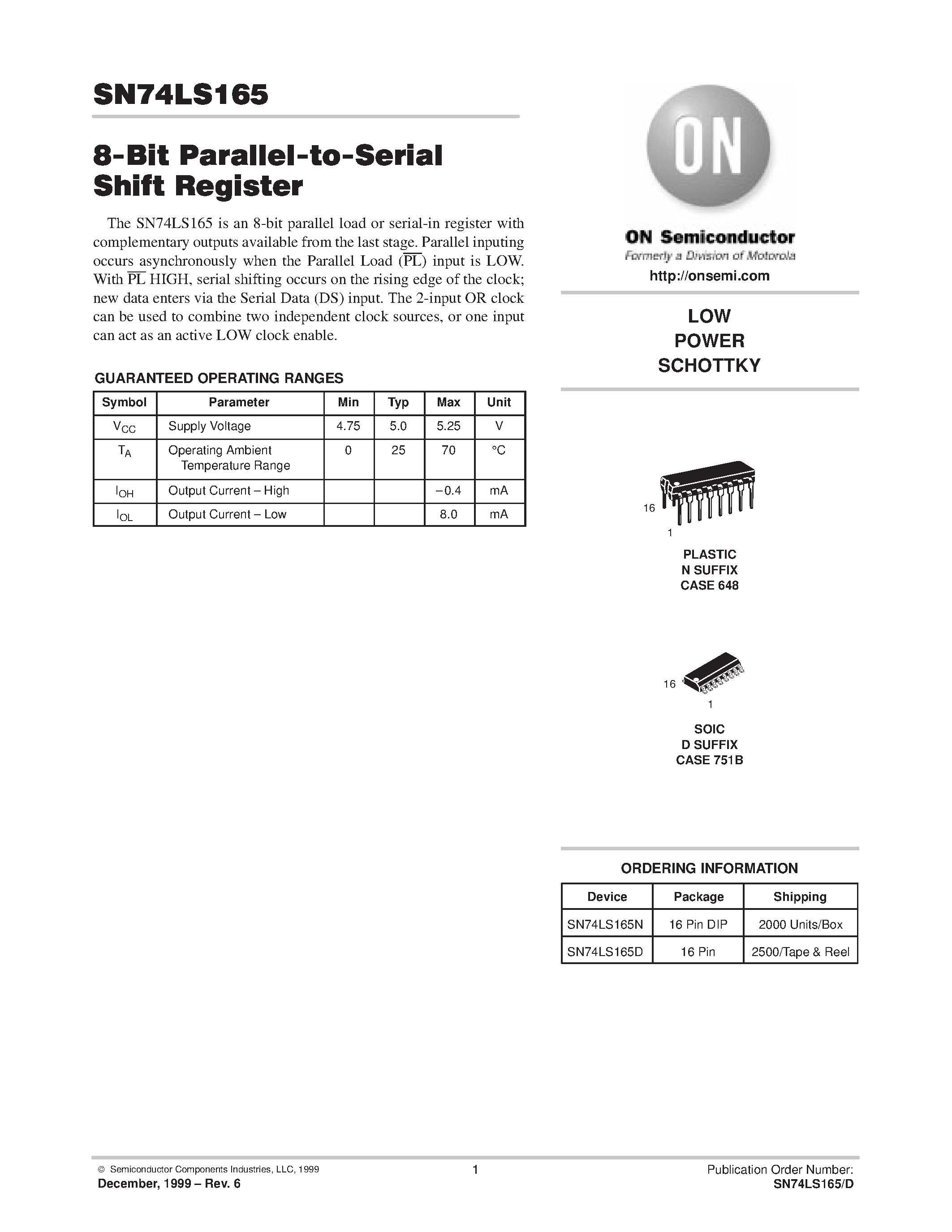 Datasheet SN74LS165N - LOW POWER SCHOTTKY page 1
